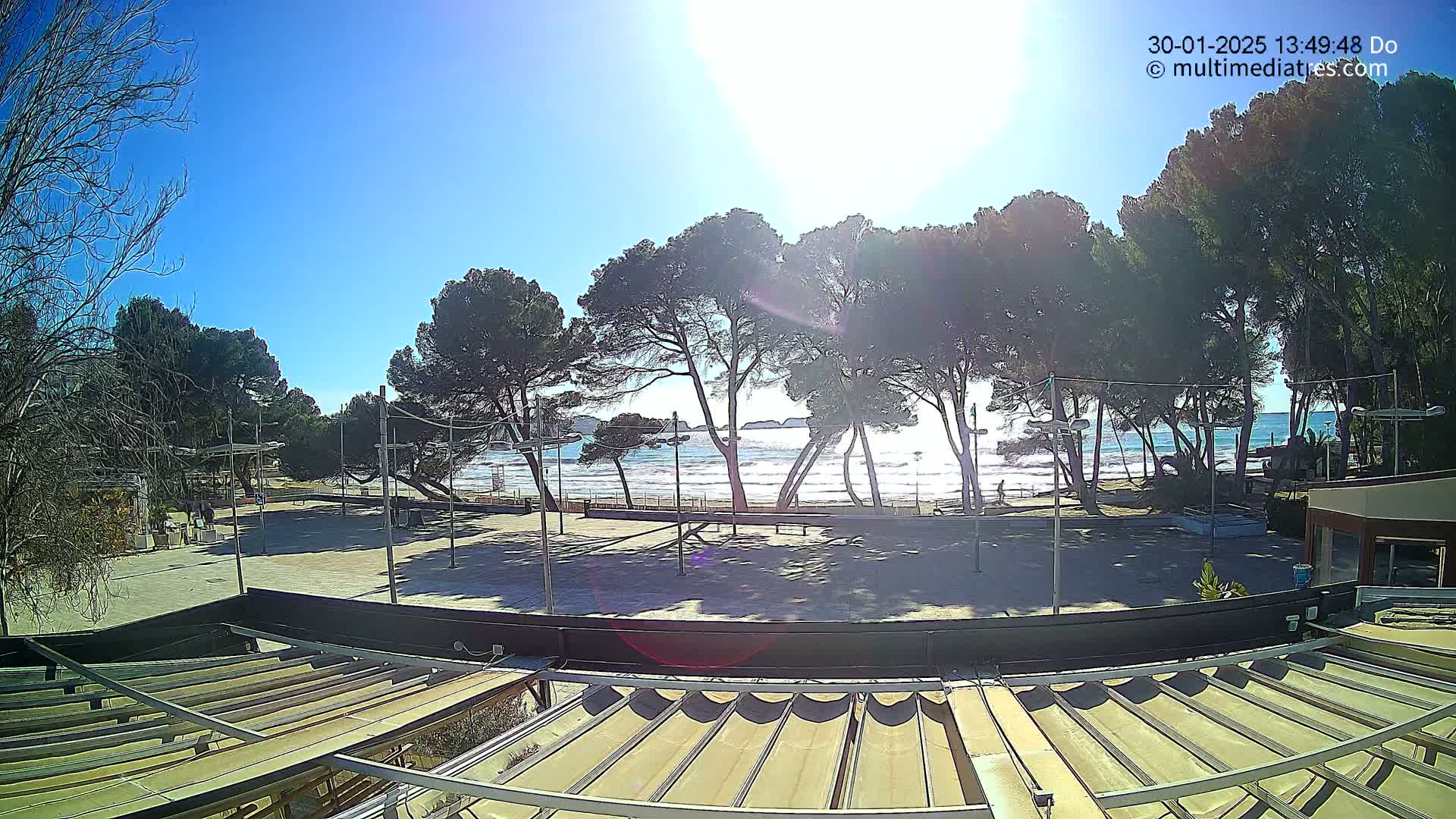 A sunny beach scene viewed from above a patio awning shows a sandy beach with waves, several tall pine trees, and an empty paved area.