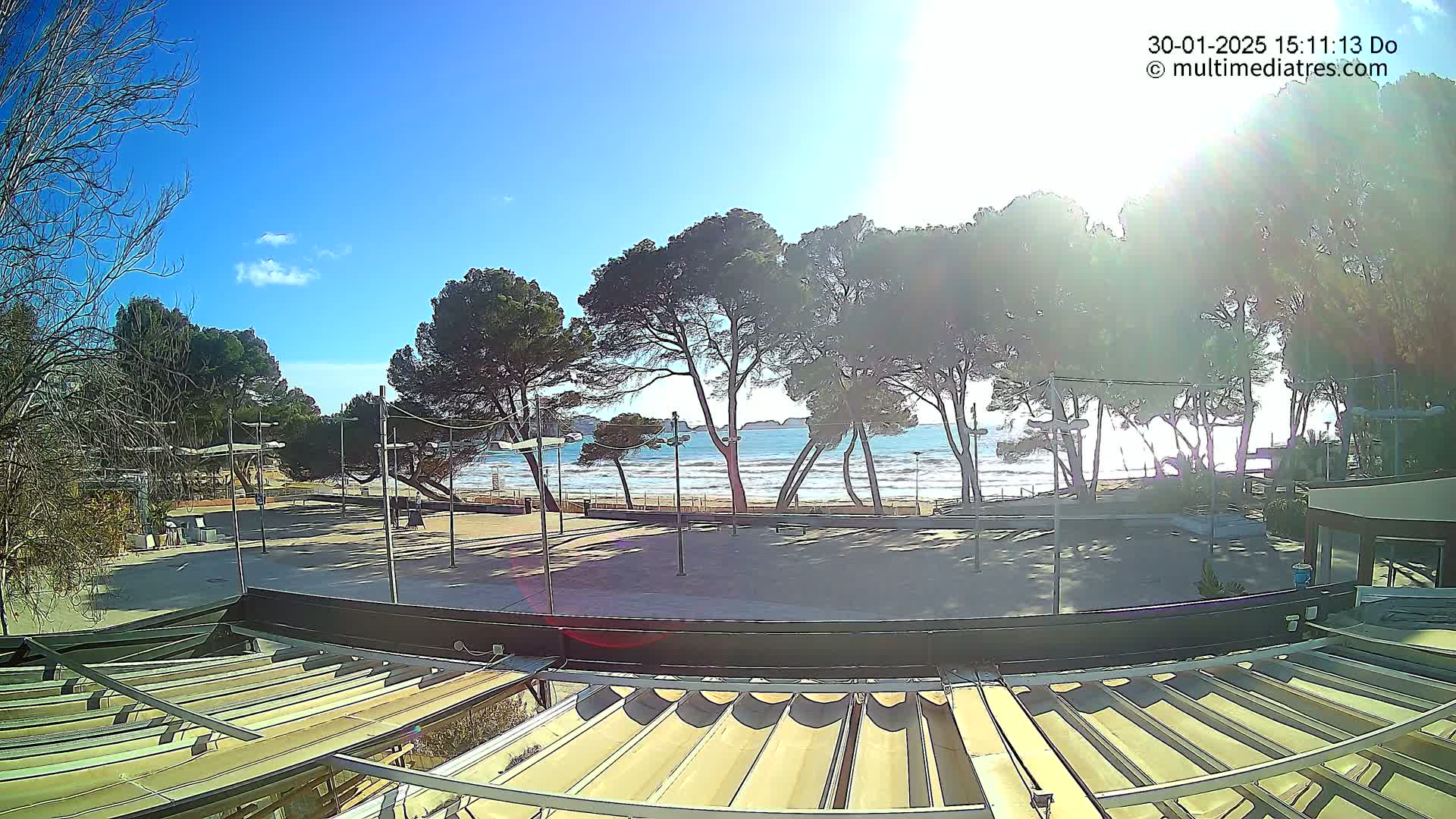 A sunny day at a beachside plaza shows a sandy area, a row of trees, and a calm ocean under a mostly clear blue sky.