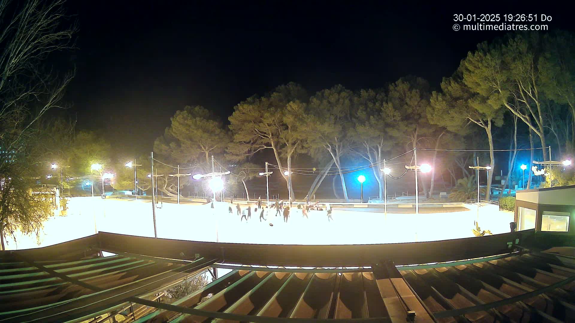 At night, under a clear sky, many people are ice skating on an outdoor rink illuminated by bright lights, surrounded by trees.