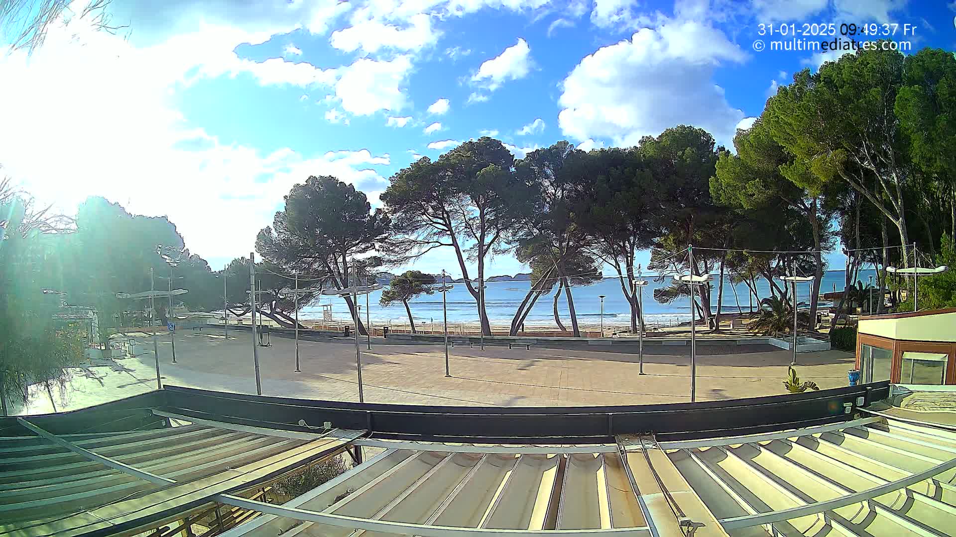 A paved beachfront area with several pine trees is visible, overlooking a calm sea under a partly cloudy sky.