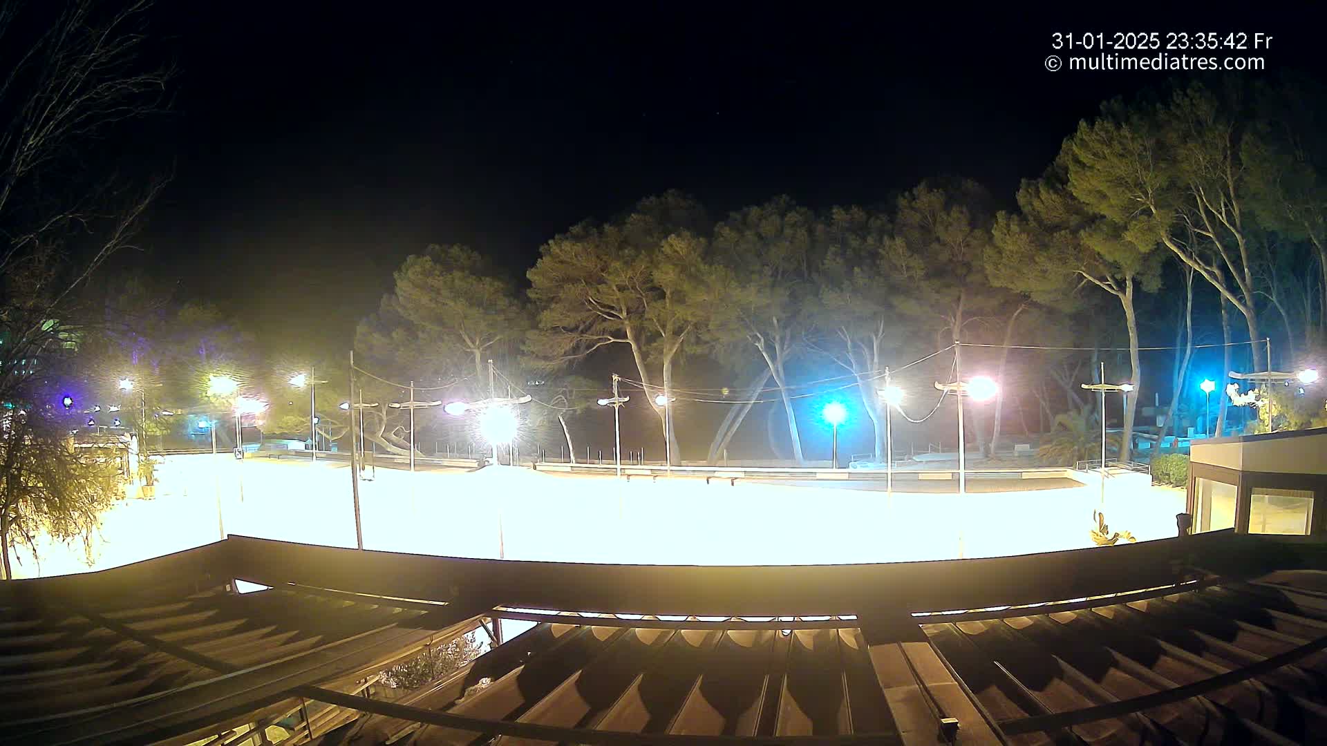 A brightly lit, empty outdoor rink at night, surrounded by trees and streetlights under a clear, dark sky.