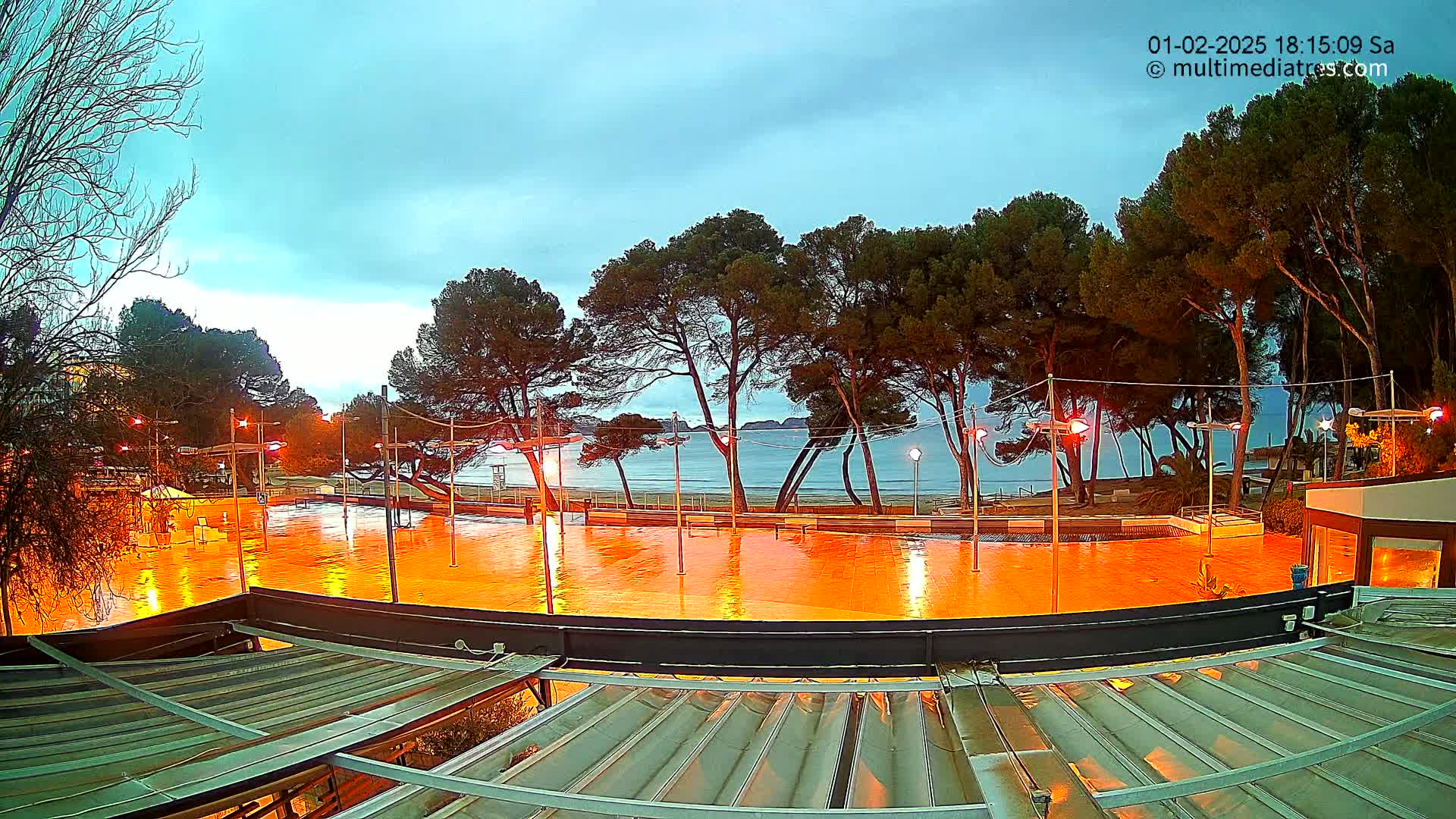 A wet, orange-lit plaza near a beach at dusk, bordered by dark pine trees under a mostly clear sky.