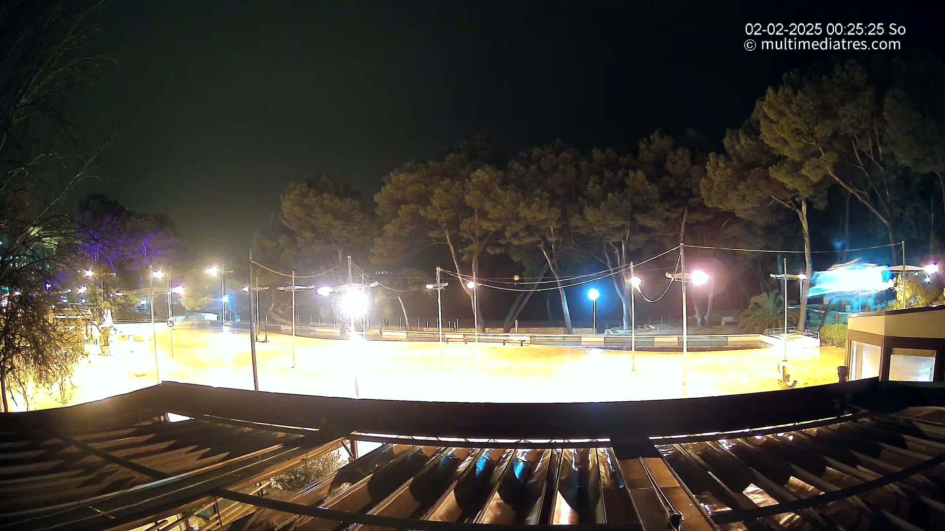 A brightly lit, empty outdoor rink at night, surrounded by trees under a dark sky.