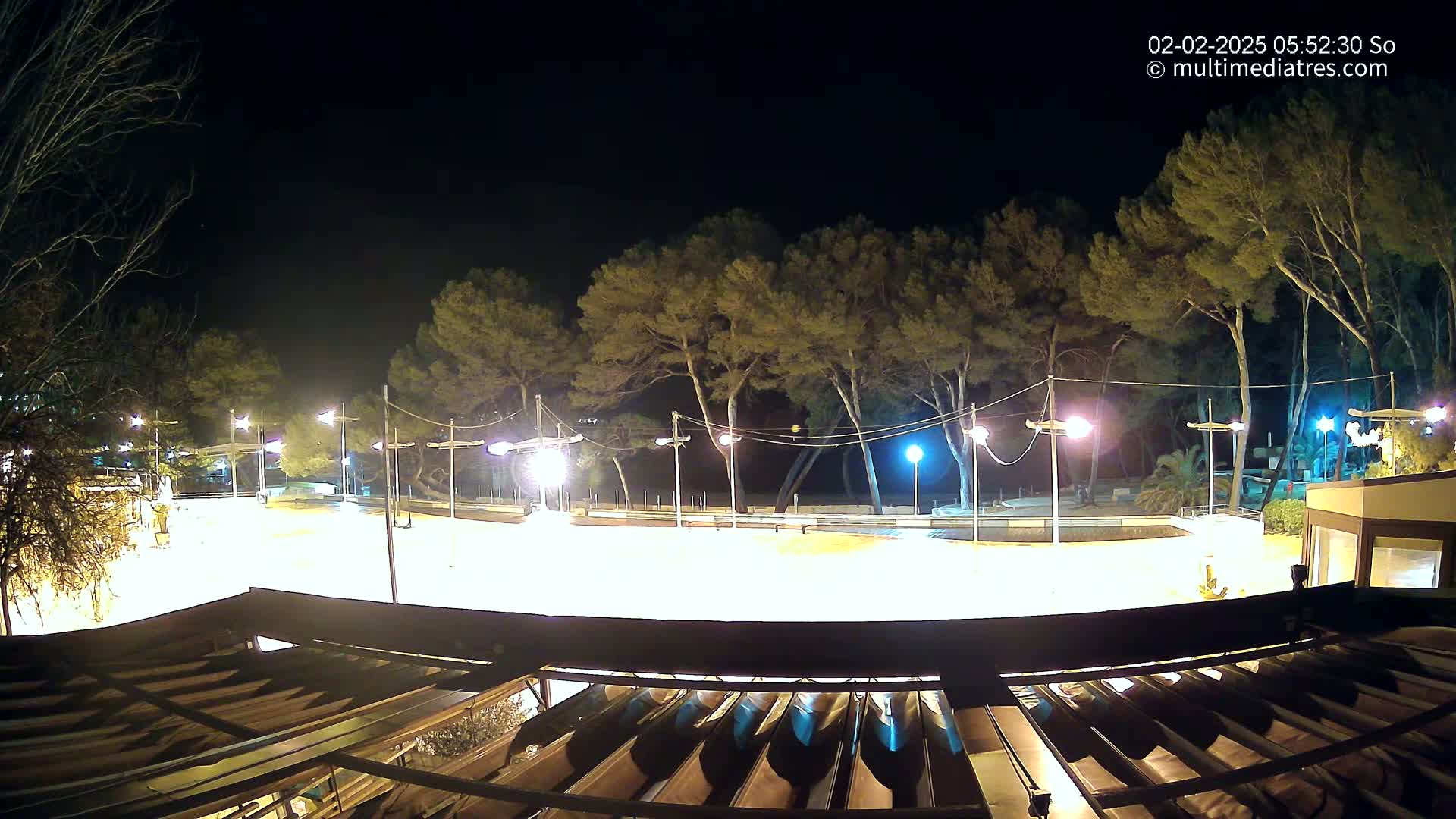A brightly lit, empty plaza at night, surrounded by tall, dark trees under a clear sky.