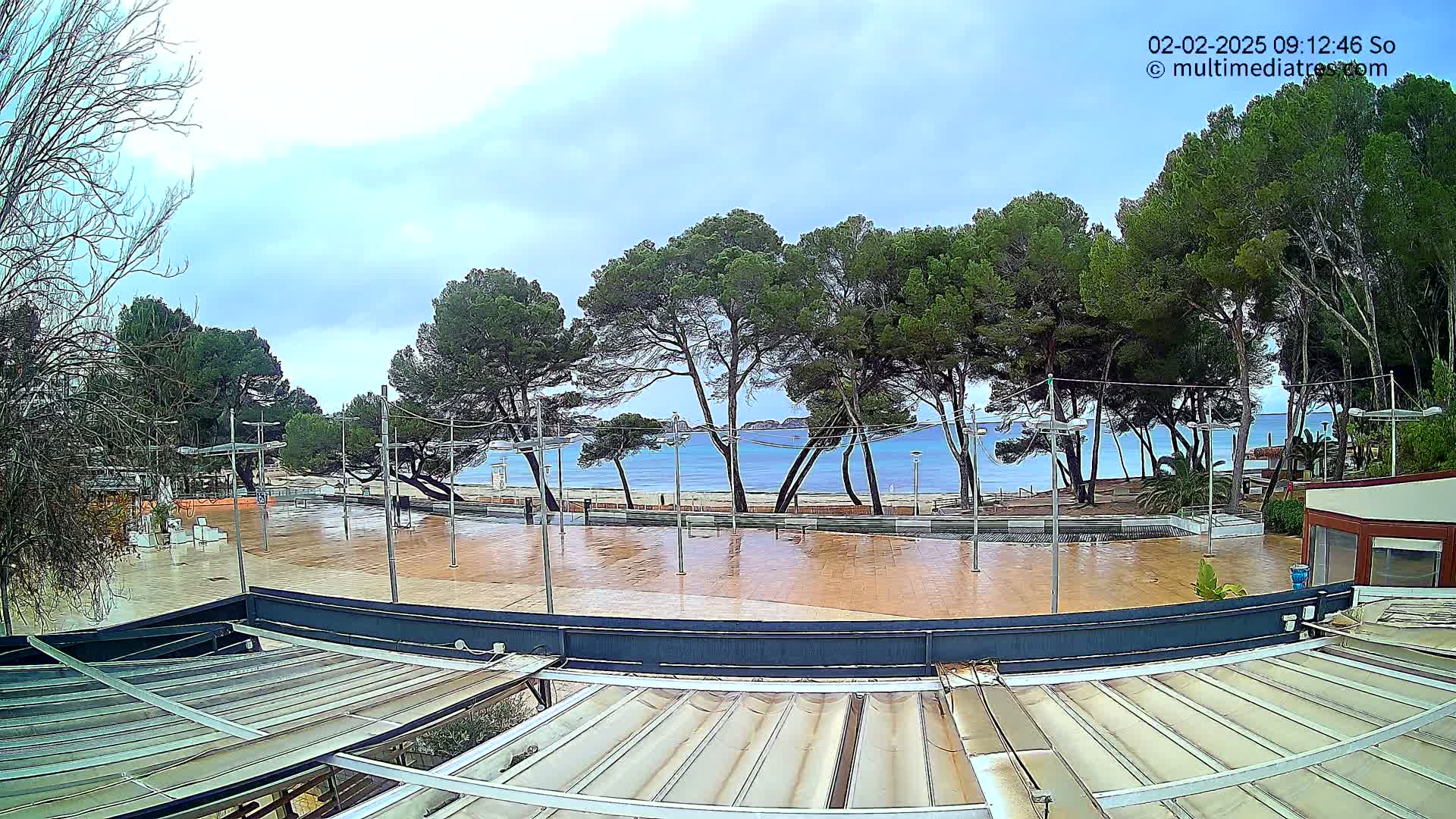 A wet paved plaza overlooks a calm, blue ocean beach lined with pine trees under a mostly cloudy sky.