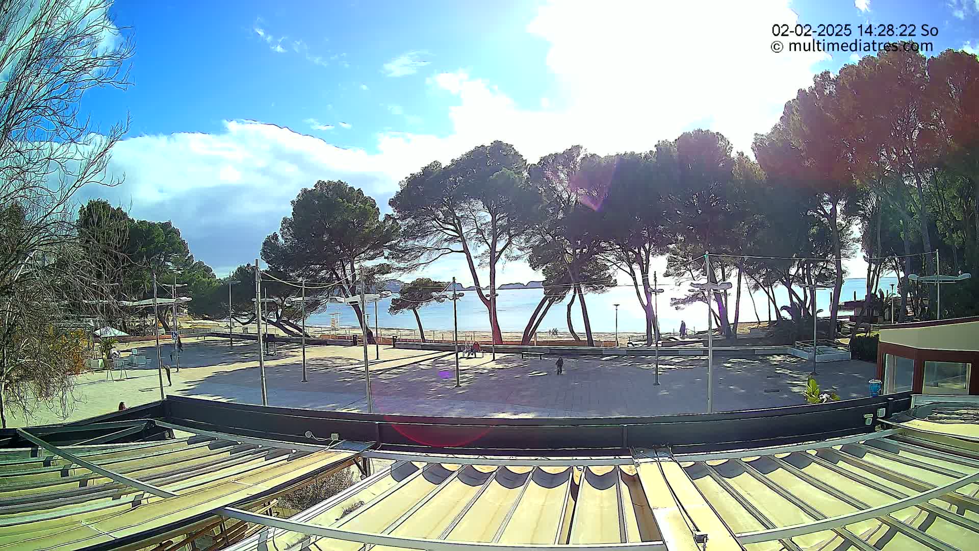 A paved plaza overlooks a sandy beach and calm sea under a partly cloudy blue sky, with tall pine trees lining the shore.