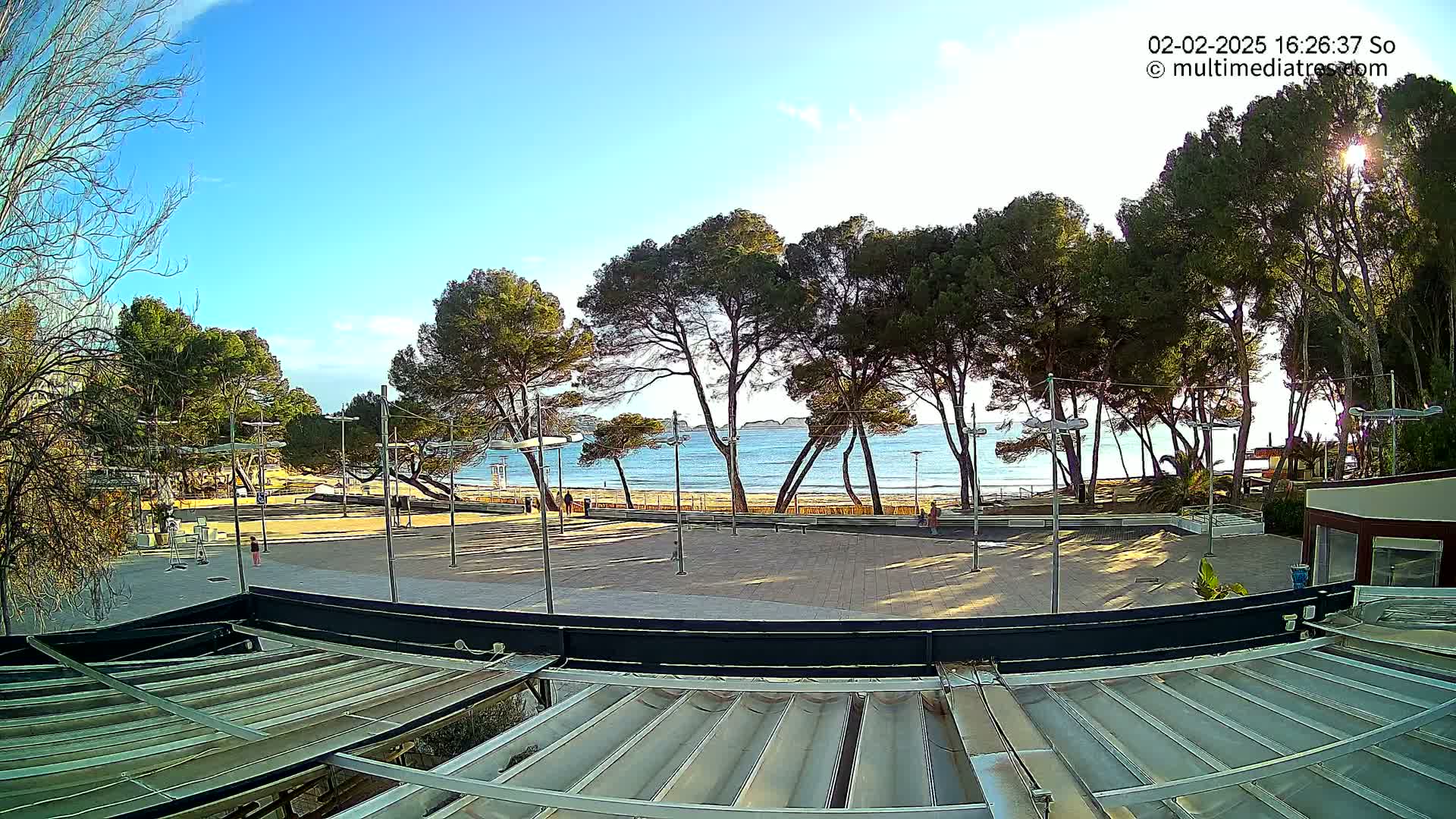 A sunny day overlooking a paved plaza, a sandy beach, and a calm ocean with a row of pine trees in the foreground.