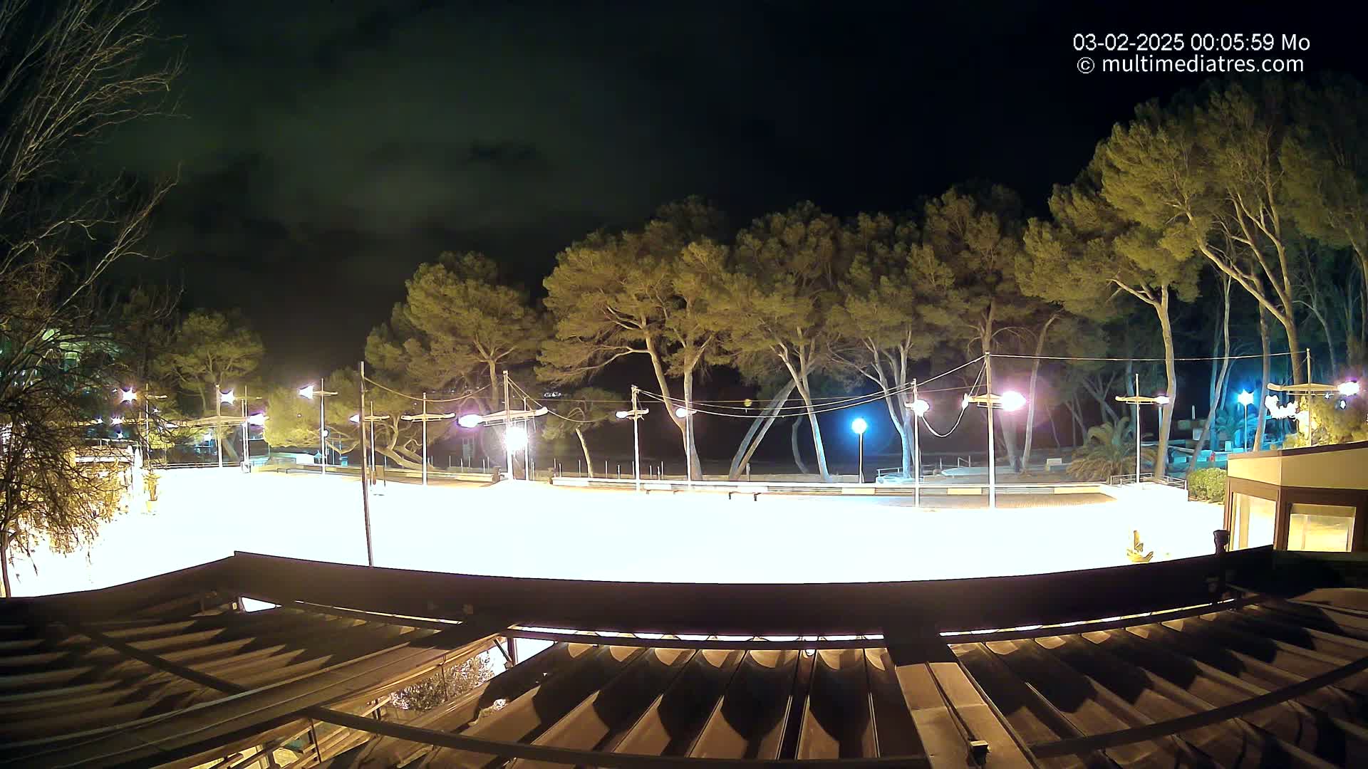 A brightly lit, empty plaza at night, surrounded by tall pine trees under a partly cloudy sky.