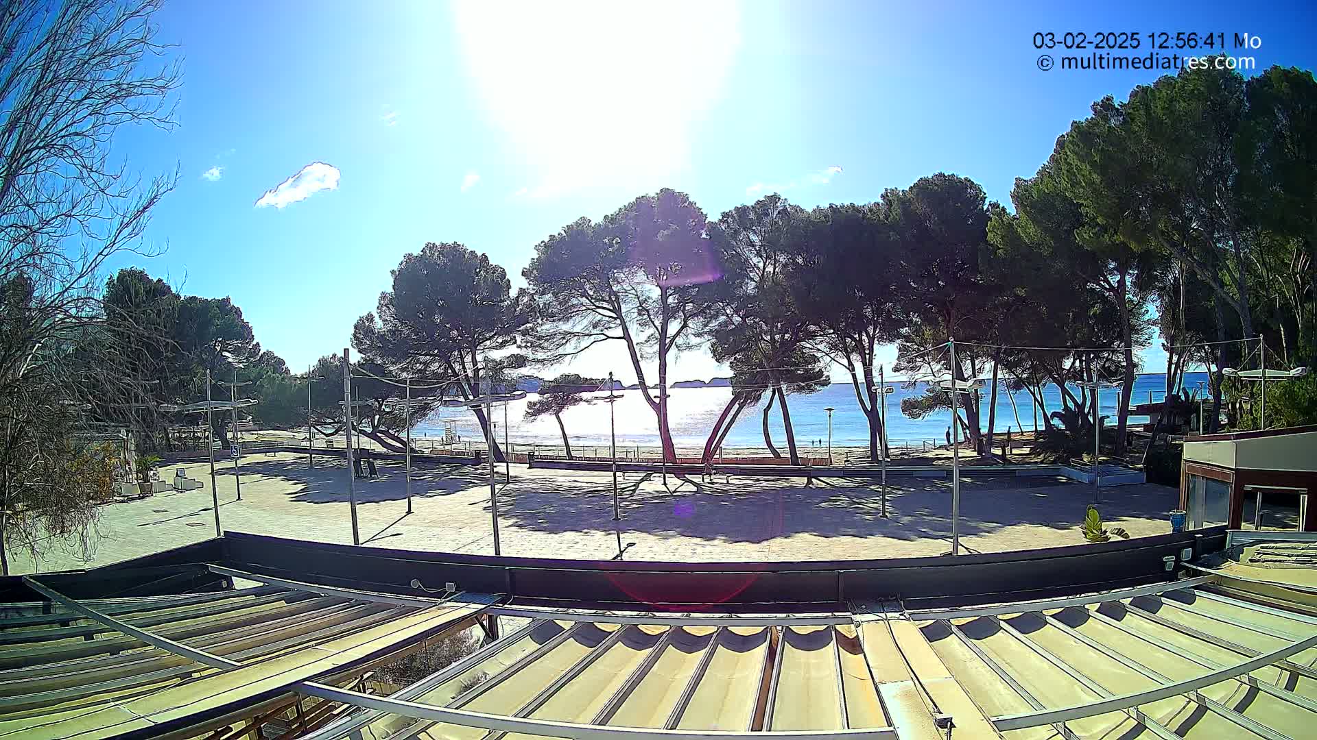 A sunny day reveals a sandy beach and calm blue water beyond a row of pine trees and an empty plaza, viewed from above a retractable awning.
