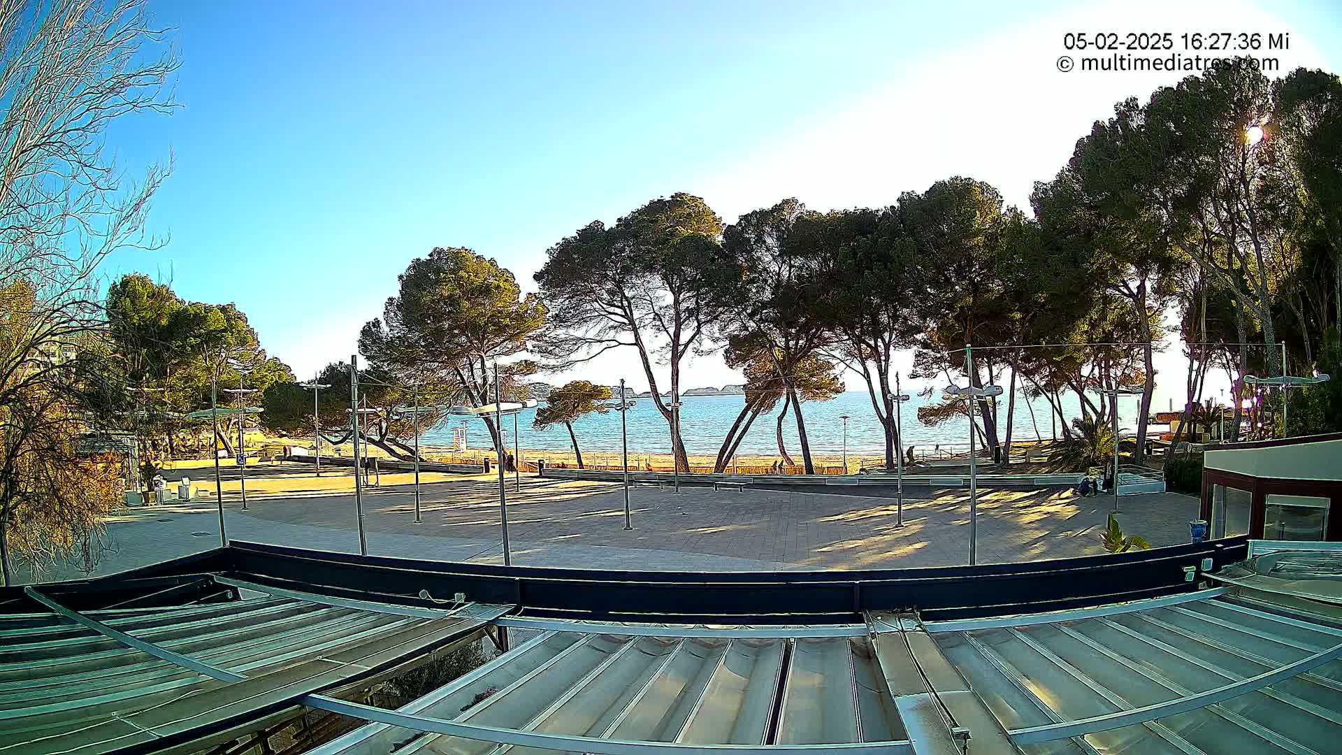 A paved plaza overlooks a sandy beach and calm ocean under a clear blue sky, with tall pine trees lining the beachfront.