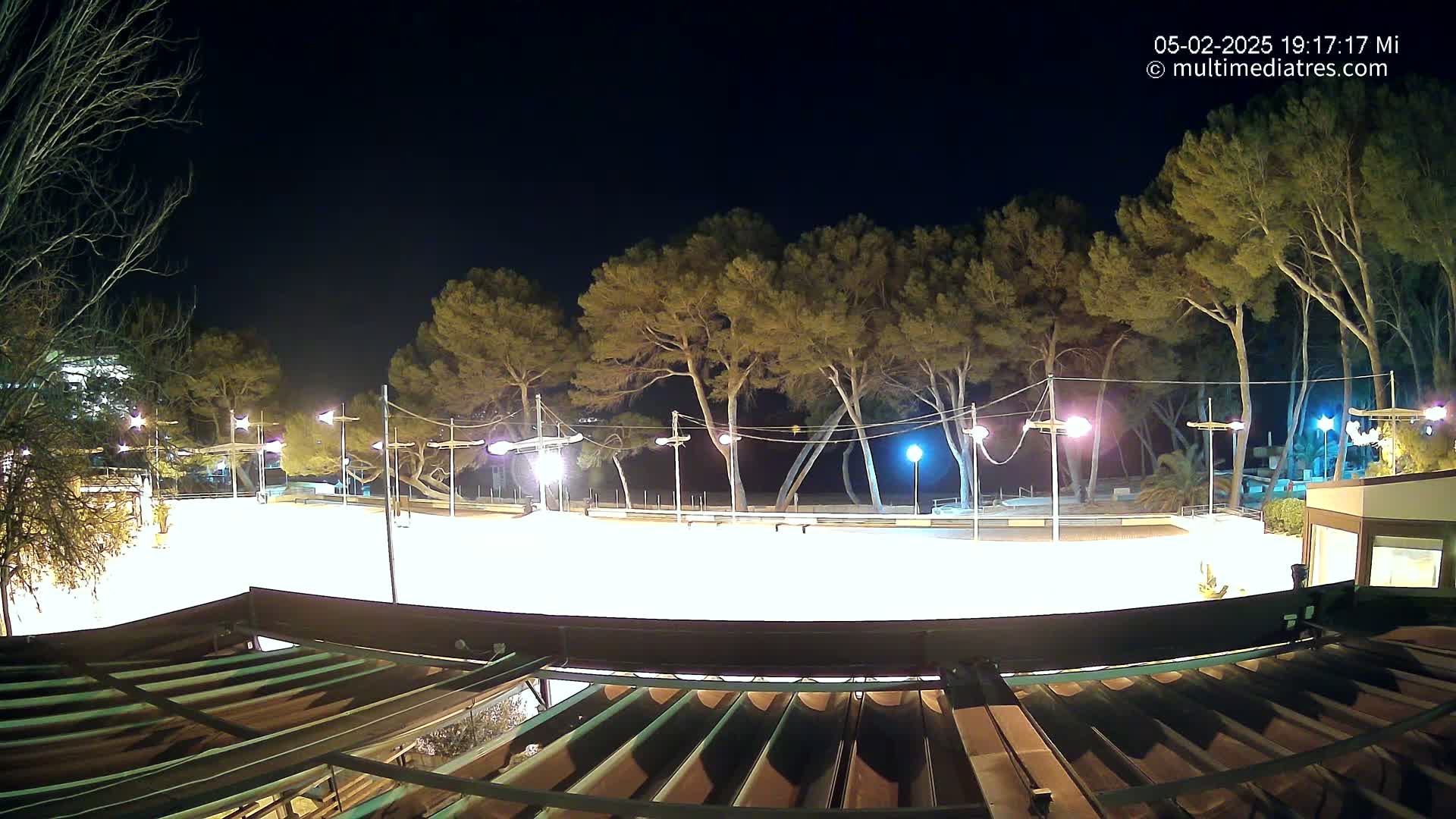 A brightly lit, empty plaza at night, bordered by trees and a building, under a clear, dark sky.