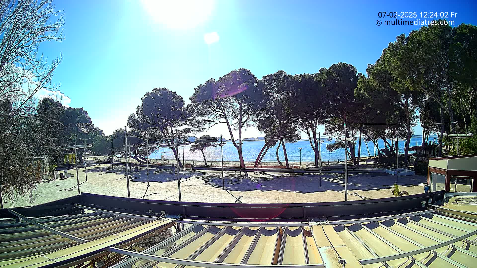 A sunny day reveals a seaside plaza bordered by pine trees, overlooking a calm blue ocean with a sandy beach.