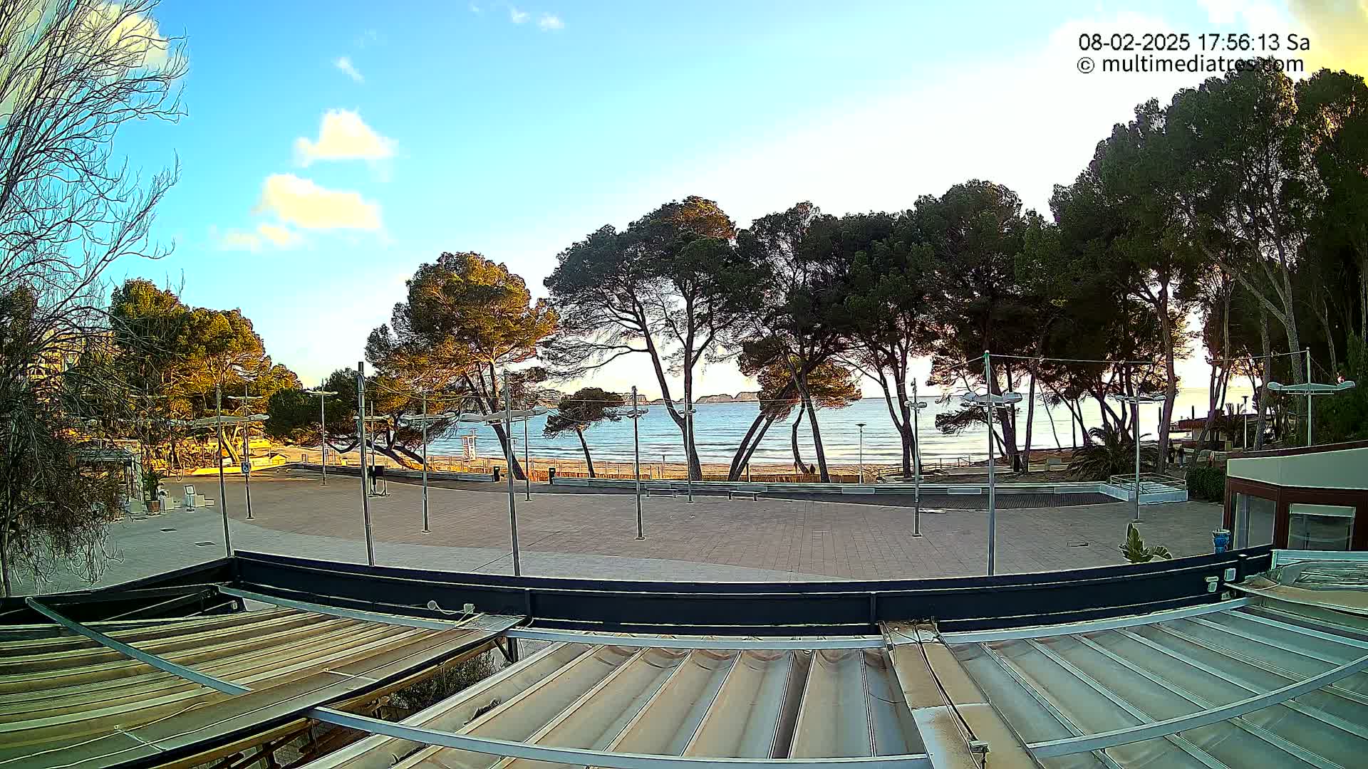 A paved plaza overlooks a calm ocean beach under a mostly sunny sky, with several dark green pine trees lining the beachfront.
