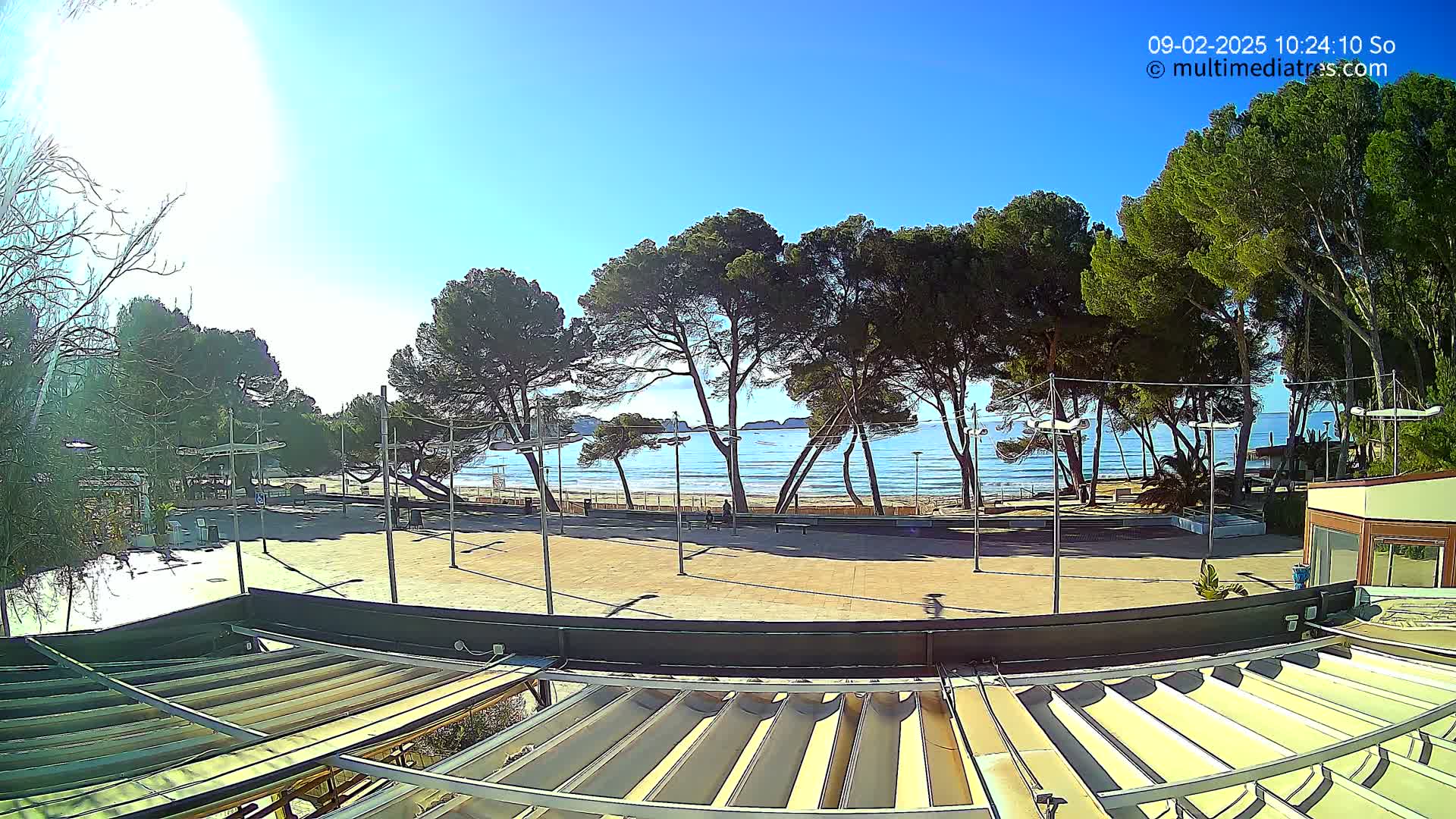 A sunny day reveals a sandy beach with gentle waves, viewed from behind a row of pine trees and a paved plaza, partially obscured by a retractable awning.