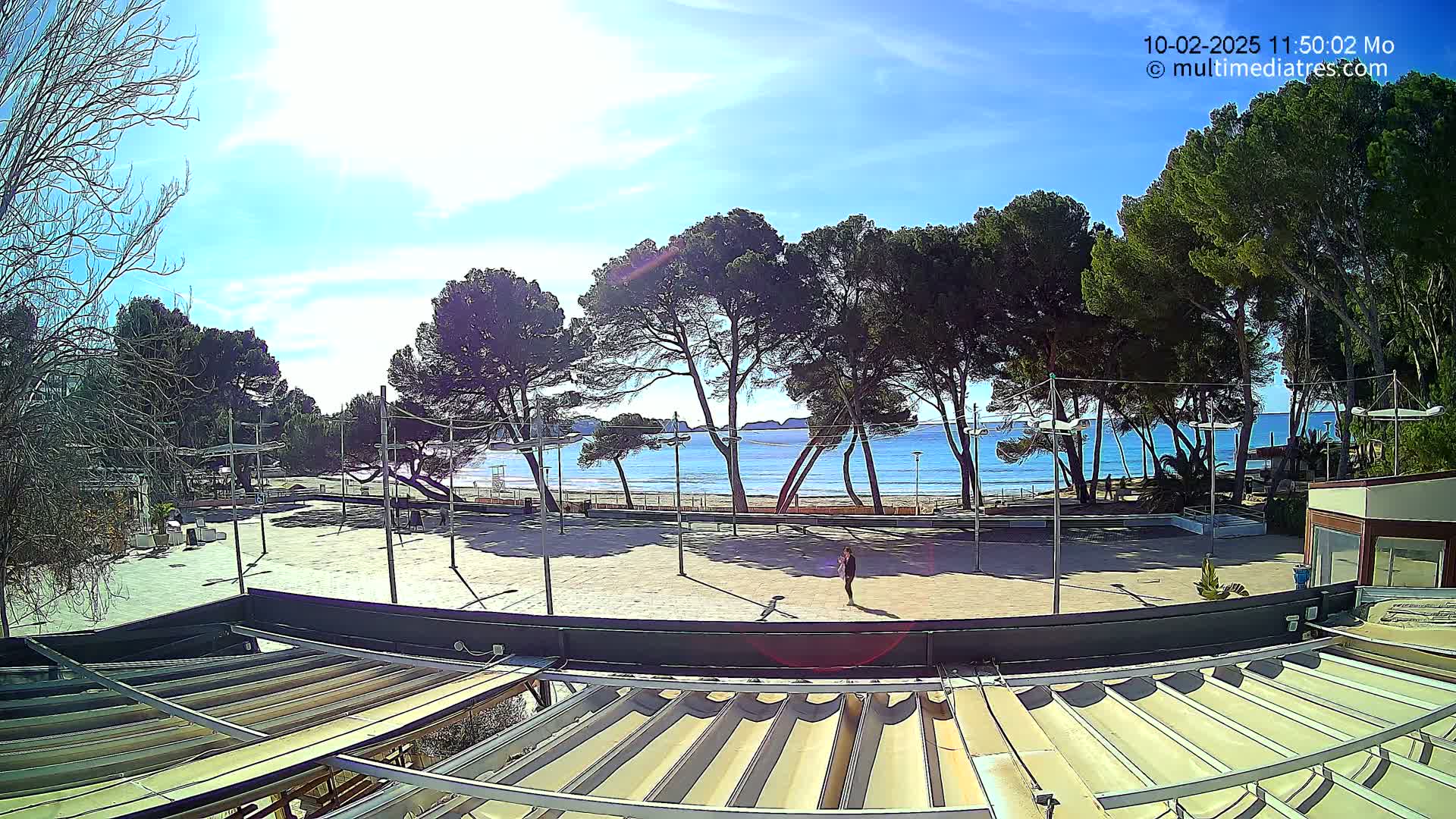 A sunny day at a beachside plaza shows a sandy beach, calm blue water, and several pine trees, viewed from a rooftop patio with a retractable awning.