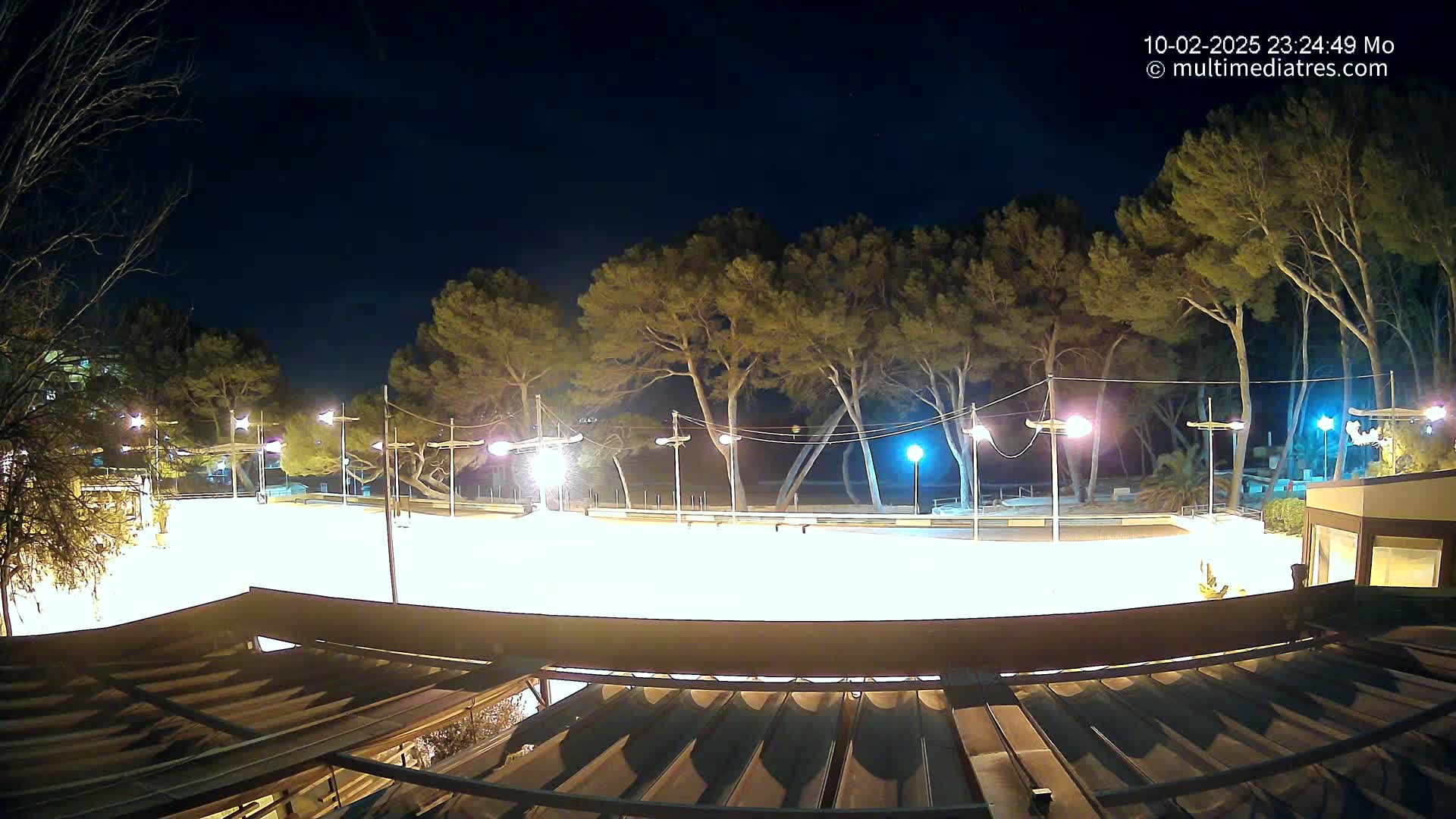 A brightly lit, empty plaza at night, surrounded by trees under a clear, dark sky.