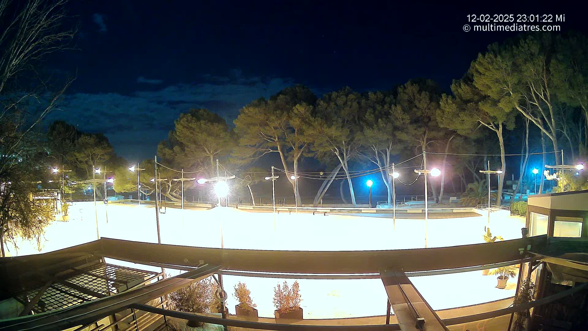 A brightly lit, empty skating rink at night under a partly cloudy sky, surrounded by tall pine trees and outdoor lighting.