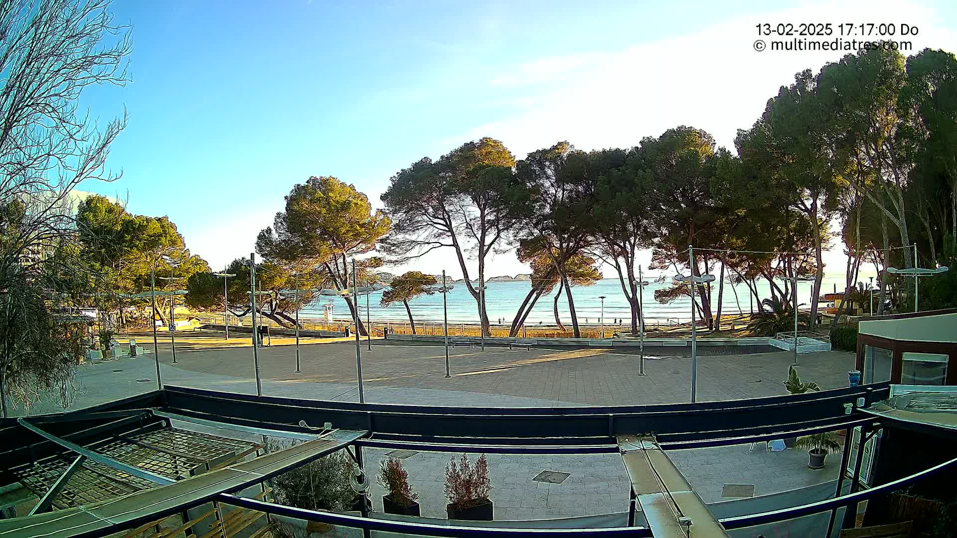 A sunny beach with calm waves is seen beyond a paved plaza lined with pine trees, viewed from an elevated vantage point.
