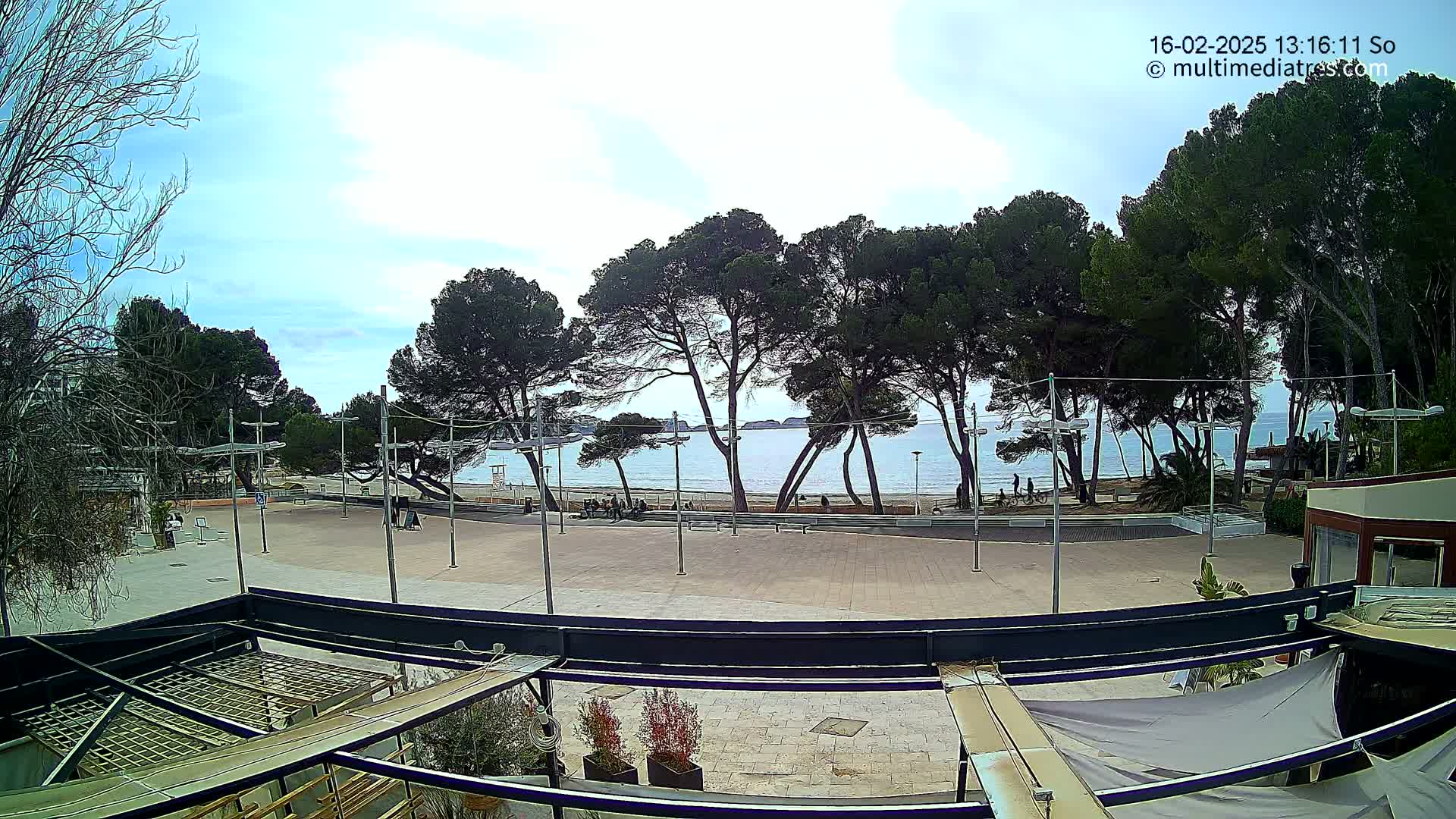A mostly sunny outdoor scene shows a paved plaza with several people, a line of pine trees, and a beach with calm water beyond.