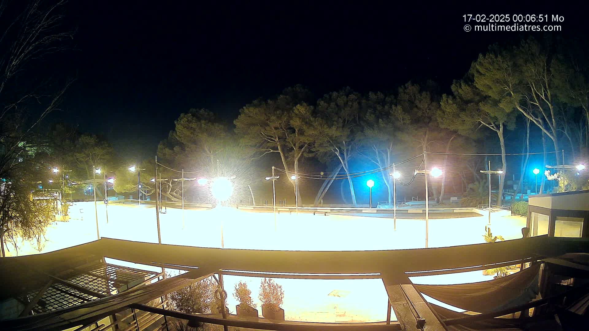 A brightly lit, empty outdoor rink at night, surrounded by trees under a clear, dark sky.