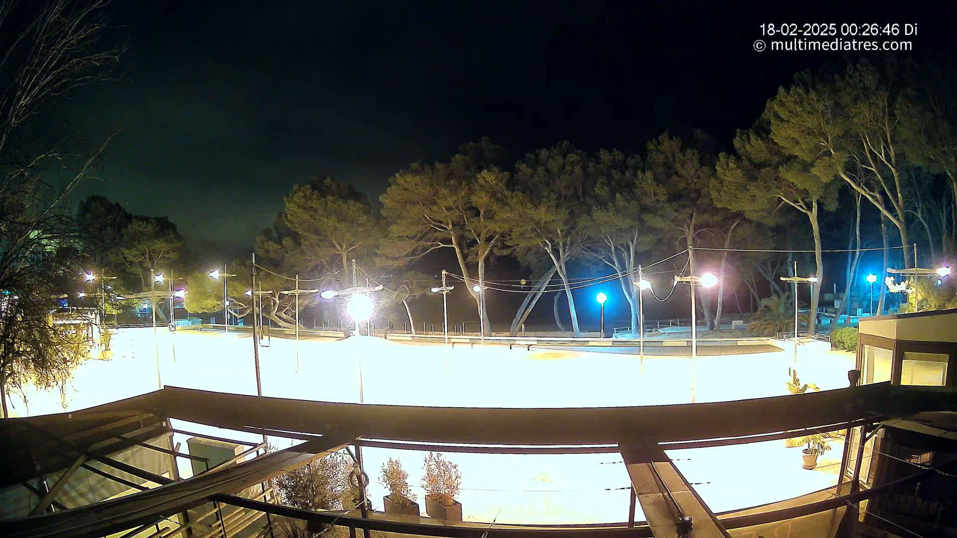 A brightly lit, empty outdoor rink is surrounded by trees at night.
