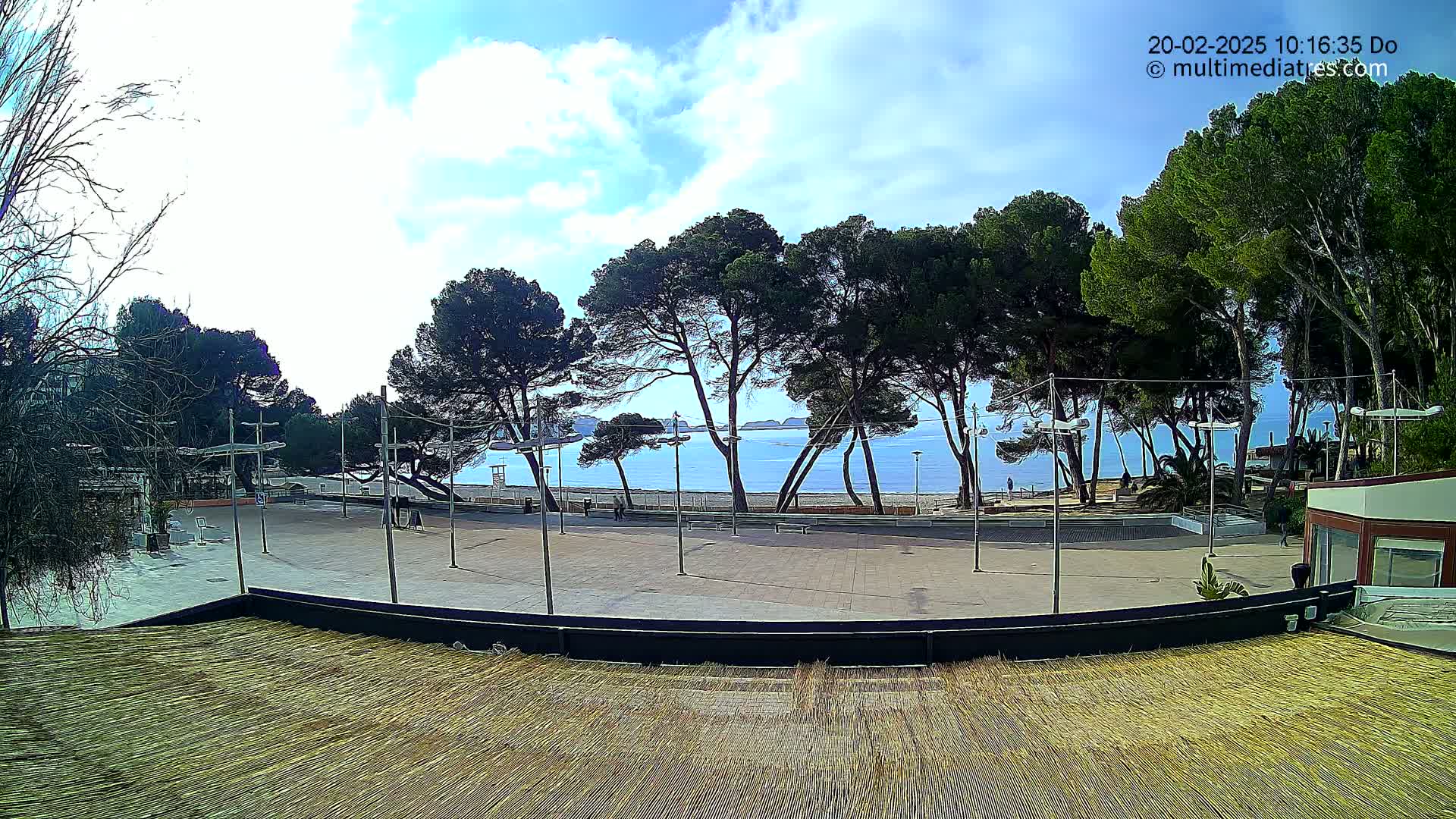 A paved plaza overlooks a calm, sandy beach lined with pine trees under a partly cloudy sky.
