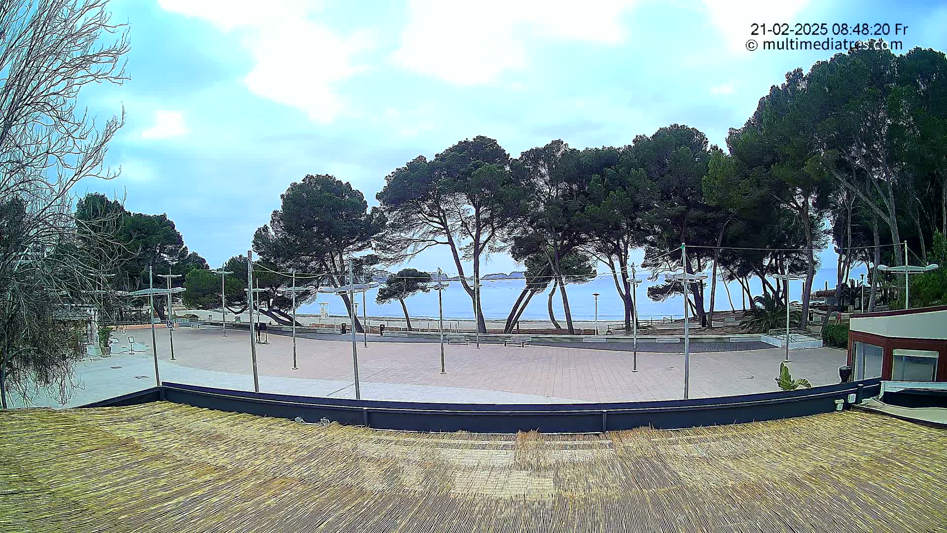 A paved plaza overlooks a calm ocean beach lined with pine trees under a partly cloudy sky.