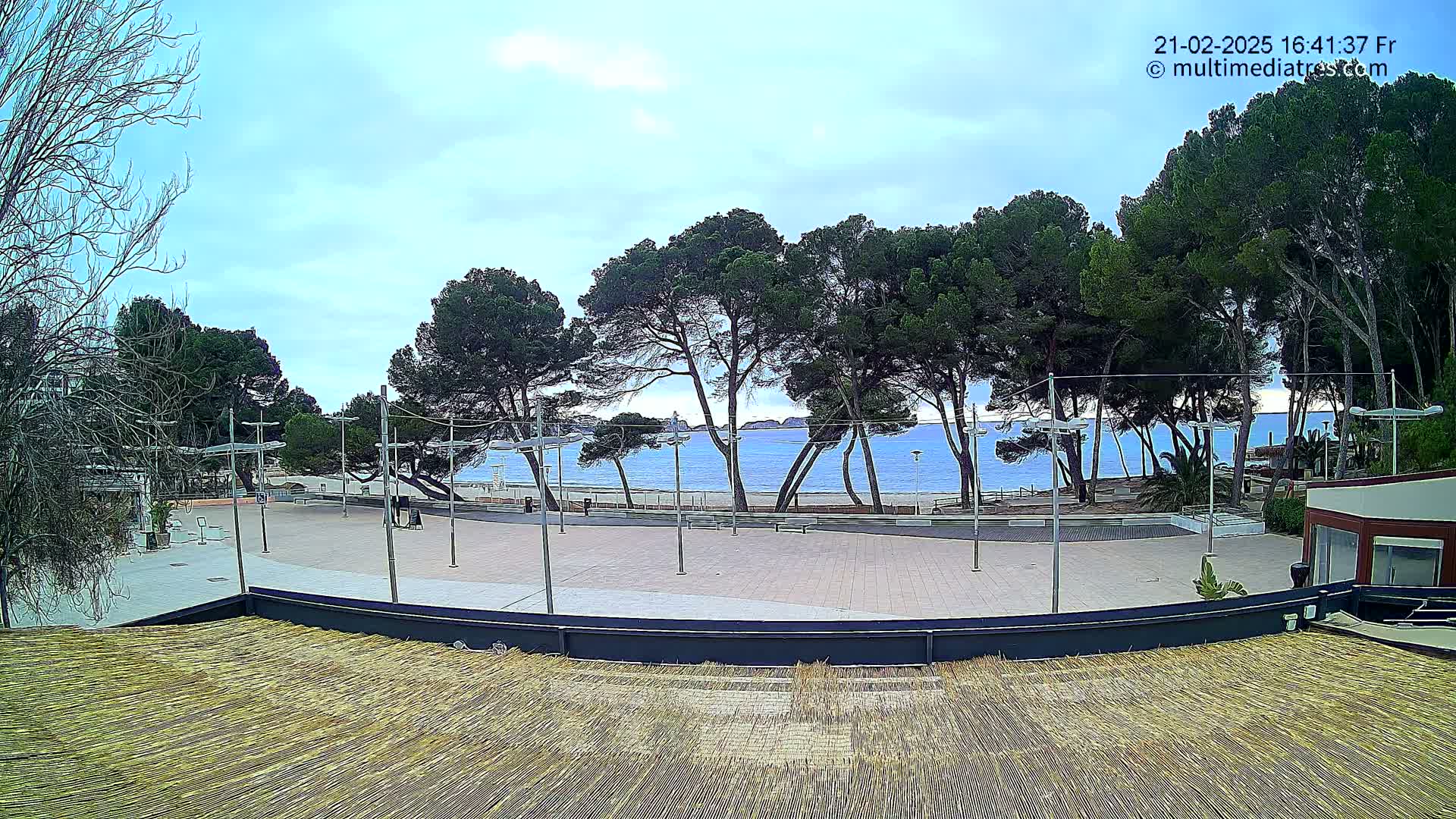 A paved plaza overlooks a calm ocean beach lined with pine trees under a partly cloudy sky.