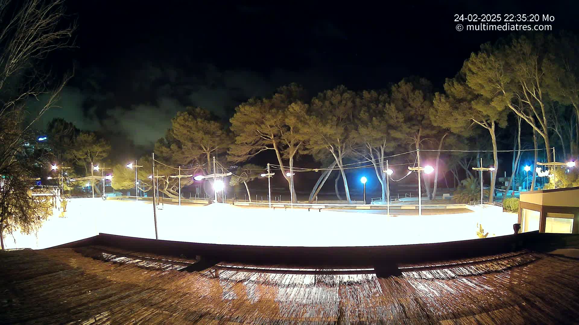A brightly lit, empty skating rink at night, surrounded by trees under a cloudy sky.