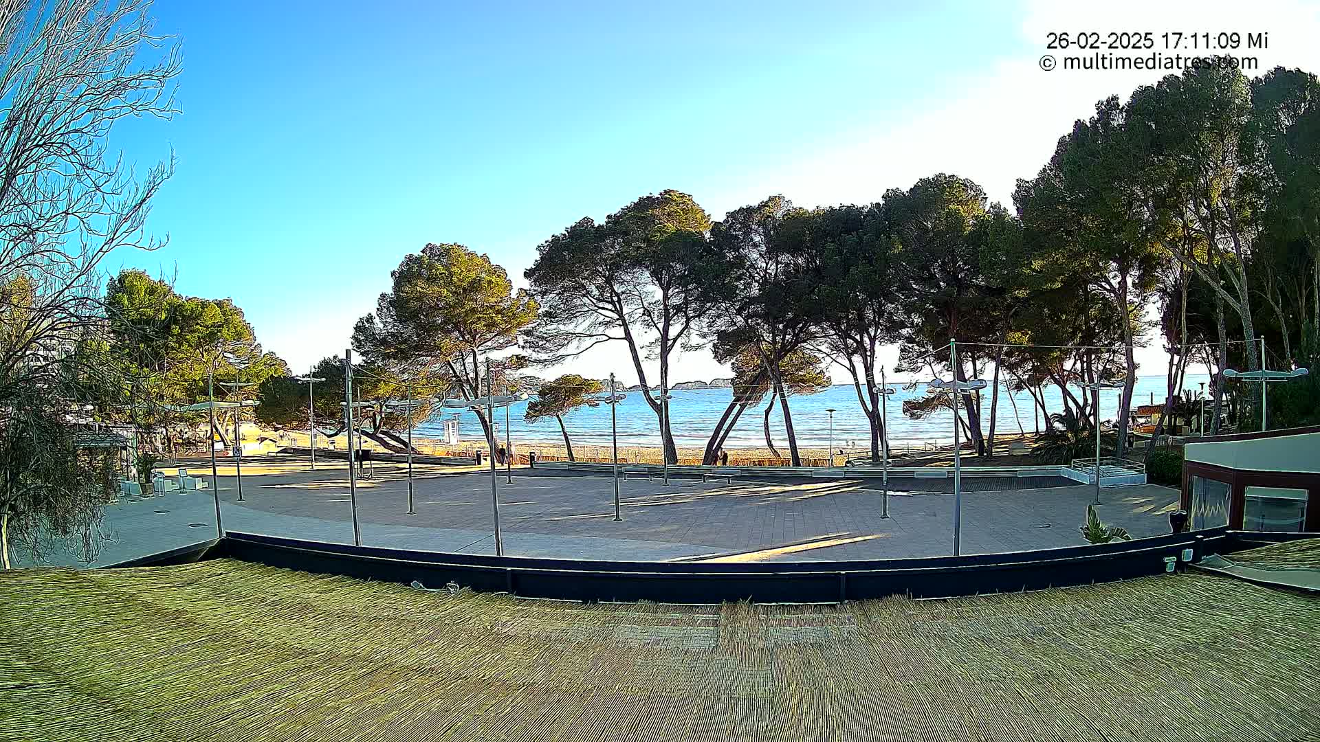 A paved plaza overlooks a calm ocean beach lined with pine trees under a clear blue sky.