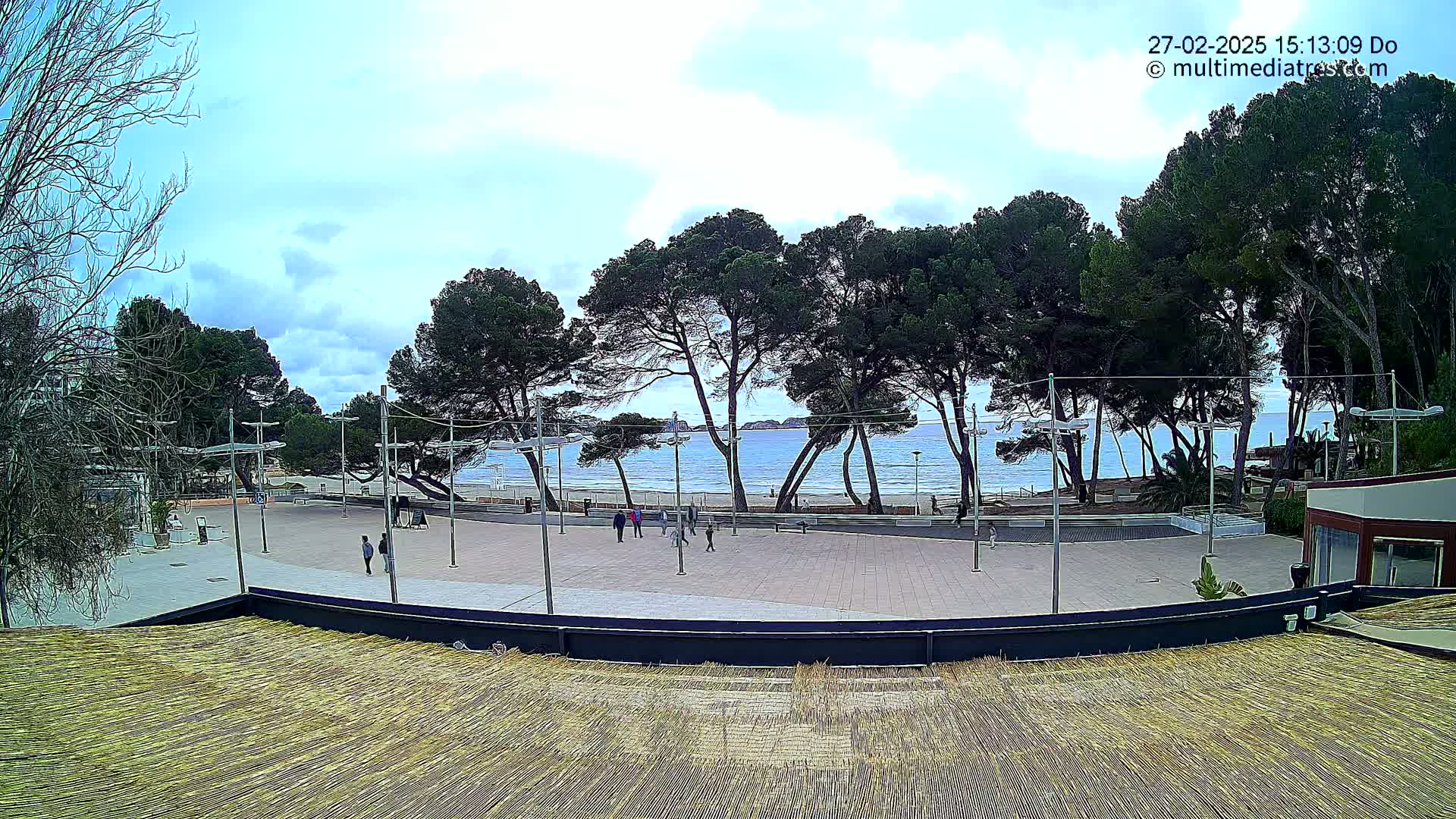 A paved plaza overlooks a sandy beach and calm ocean, framed by a row of pine trees under a partly cloudy sky.