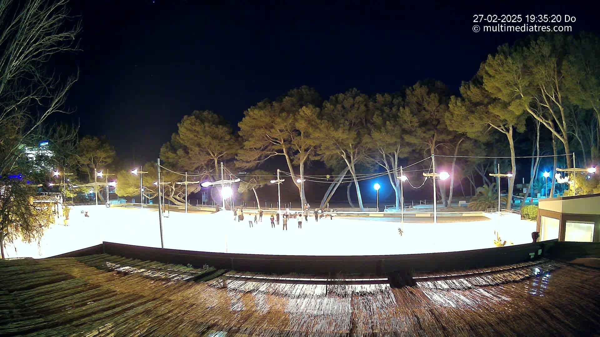 An outdoor ice rink, illuminated at night under a clear, dark sky, is surrounded by trees and a few people are ice skating on it.