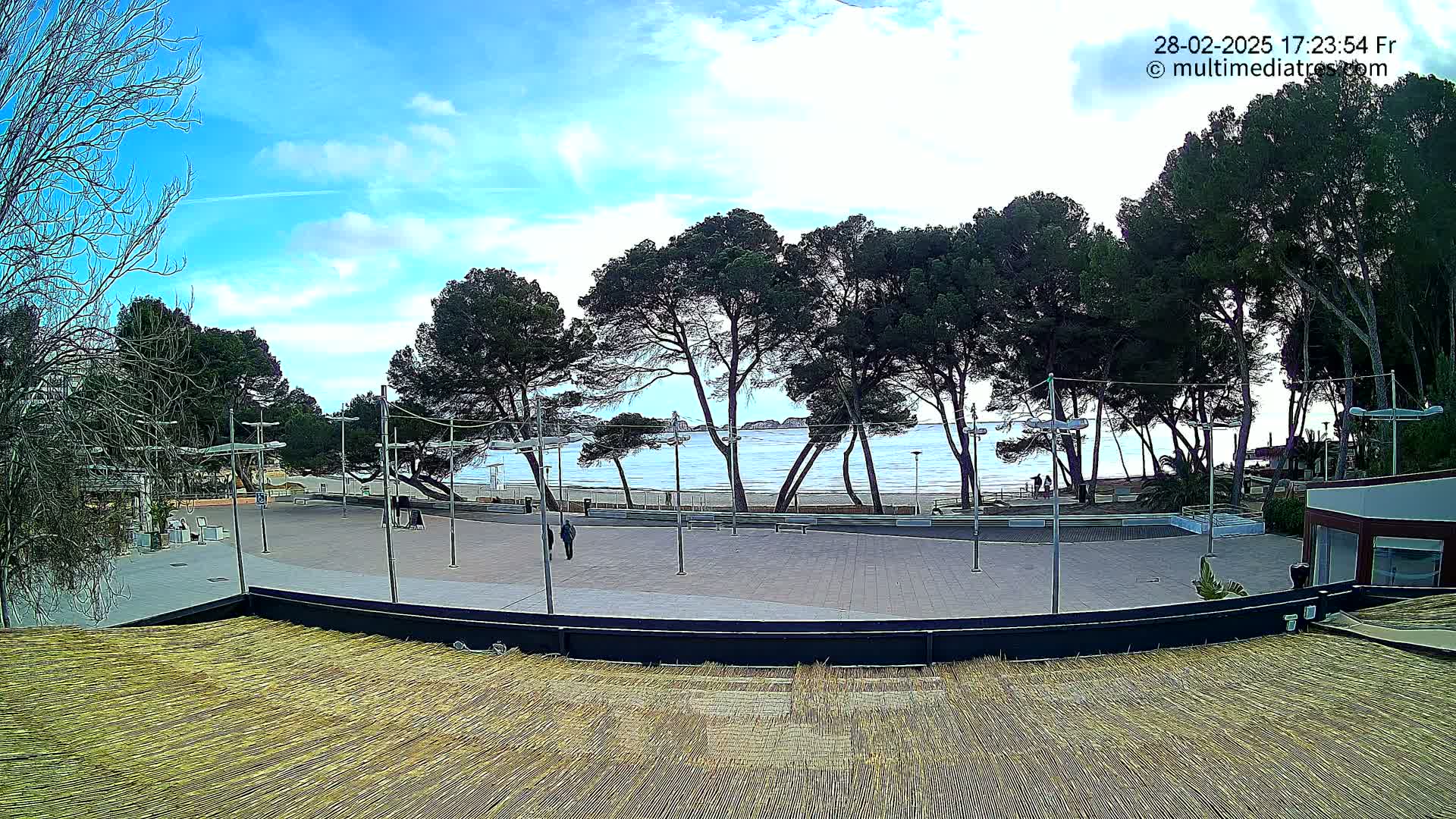 A paved plaza overlooks a calm ocean beach, lined with pine trees under a partly cloudy blue sky.
