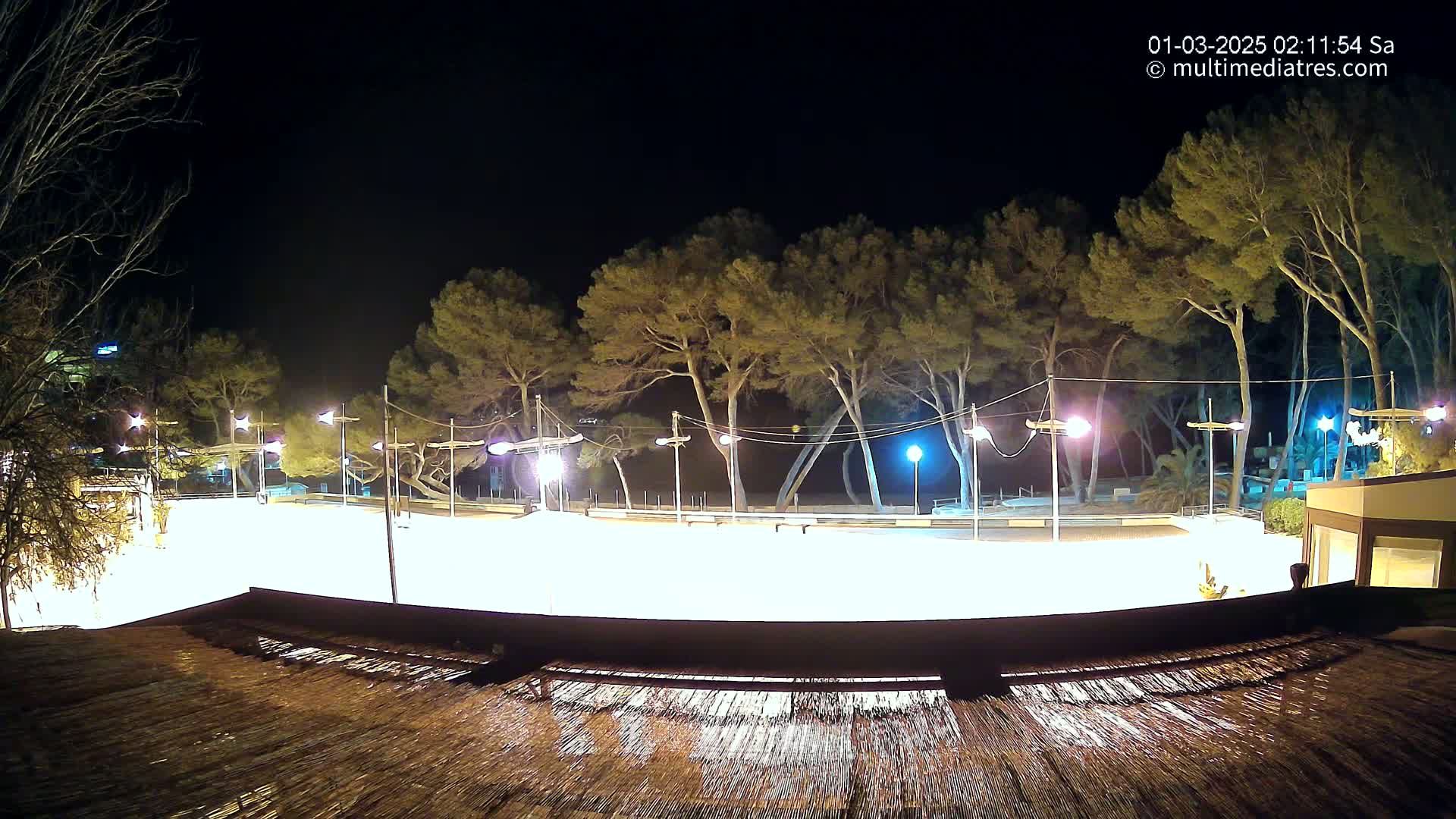 A brightly lit, empty, rink-like area at night, surrounded by trees and illuminated by streetlights.