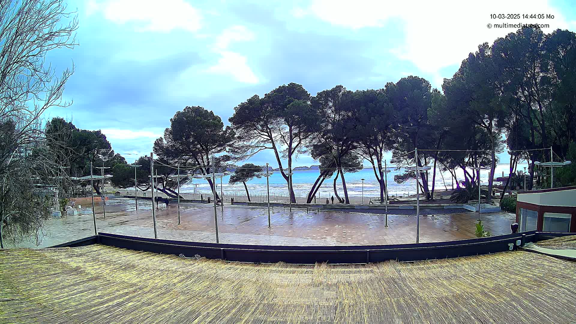 A mostly cloudy day shows a paved beachfront plaza overlooked by a thatched roof, with dark green pine trees lining the shore and a calm, blue ocean beyond.