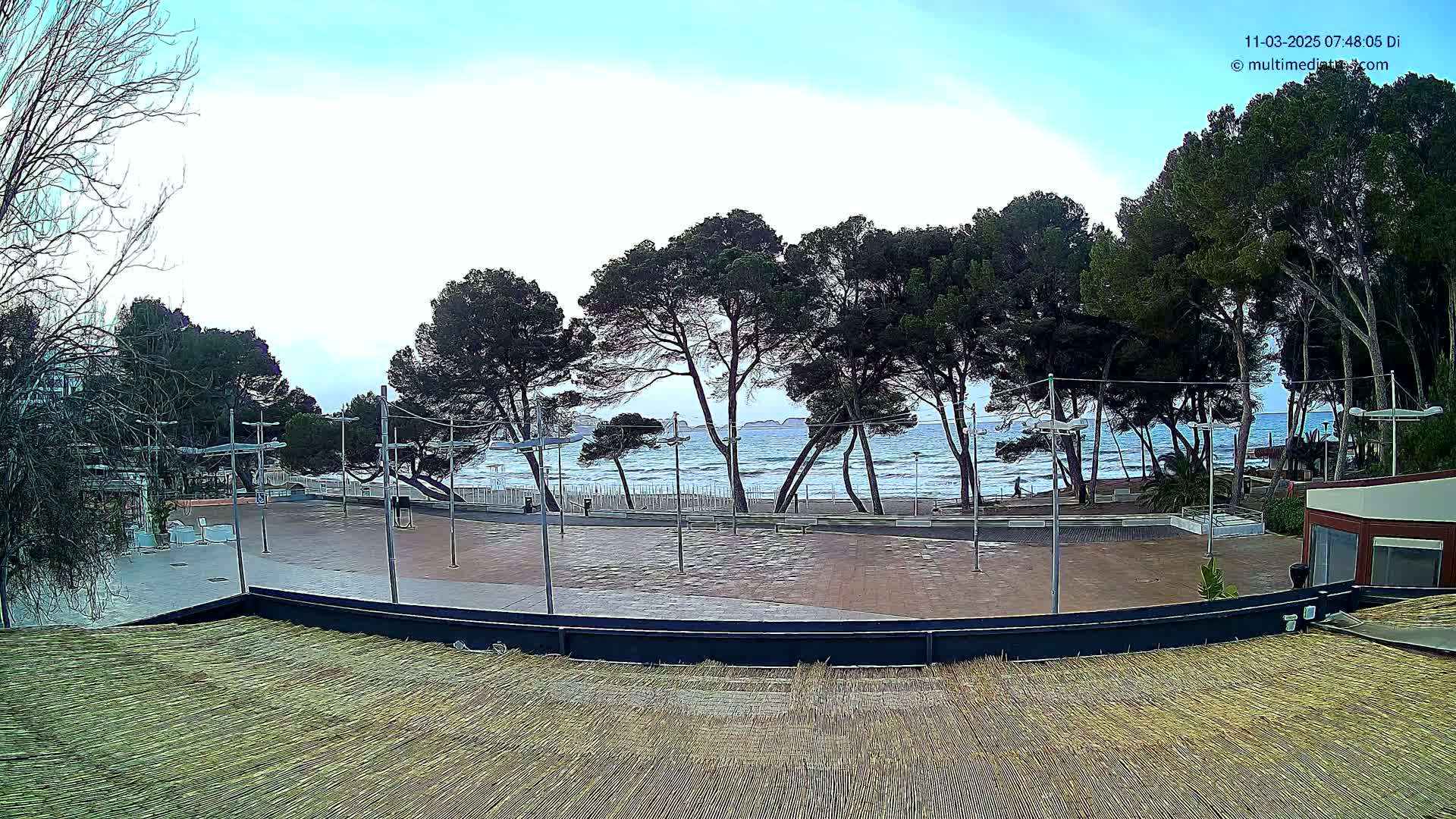 A paved plaza with a few people is situated between a row of pine trees and a somewhat choppy ocean under a mostly cloudy sky.