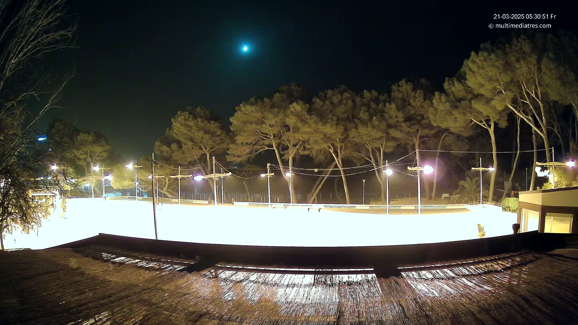 A brightly lit, empty outdoor rink at night, under a dark sky with a single bright star visible, is bordered by tall pine trees and illuminated by numerous lights.