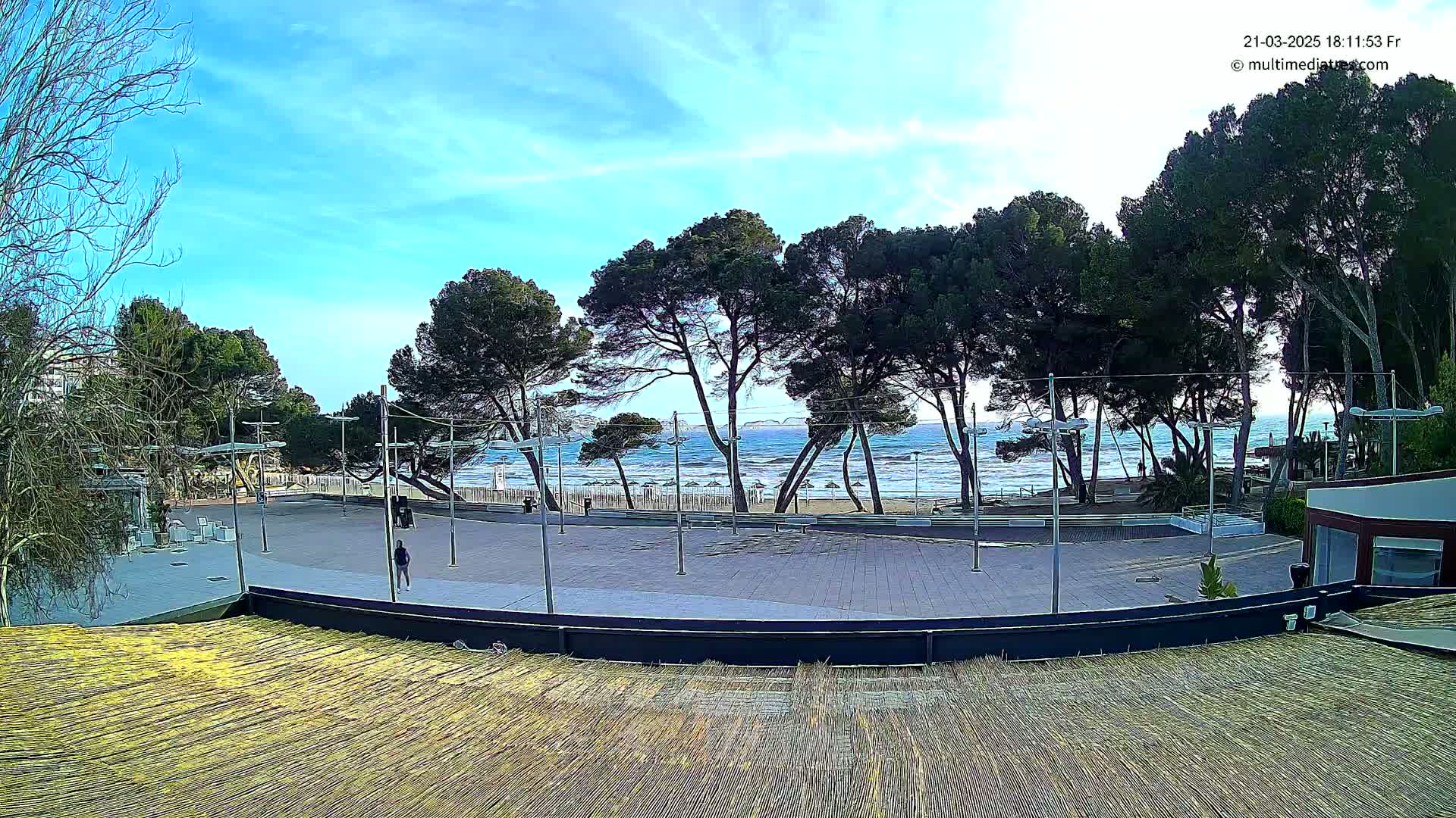 A paved plaza overlooks a beach with gently waving water under a mostly sunny sky, lined with tall, dark green pine trees.