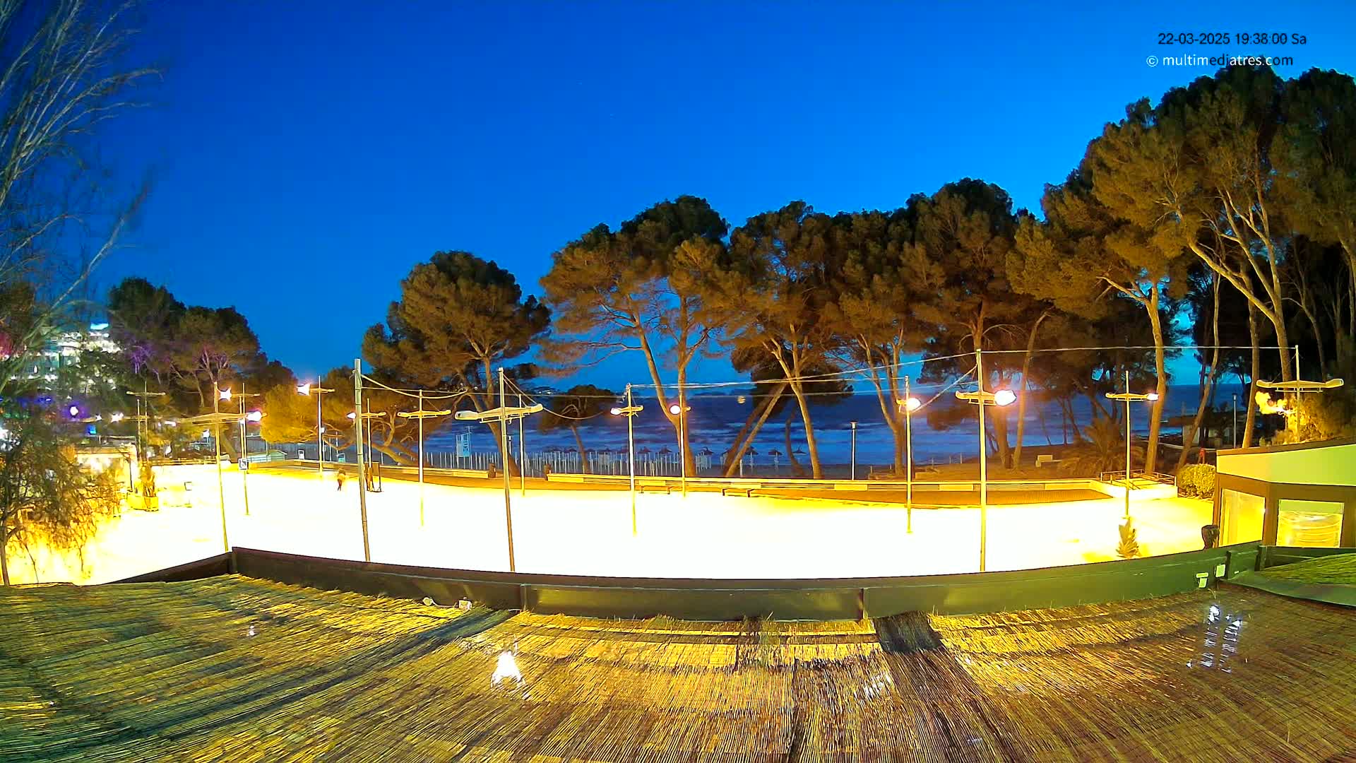 A brightly lit outdoor ice rink sits beside a beach at twilight, under a clear blue sky, with a line of pine trees separating the rink from the ocean.