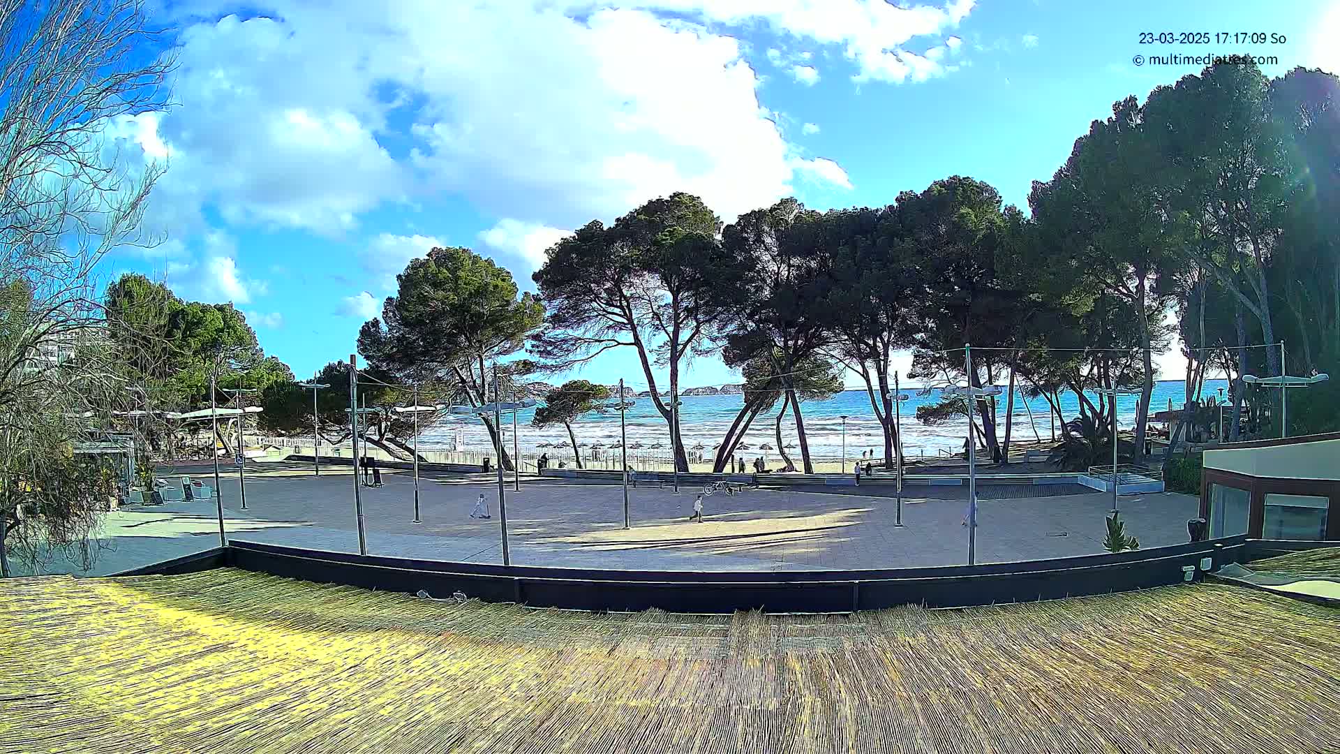 A paved plaza overlooks a beach with light blue water under a partly cloudy sky, surrounded by tall pine trees.