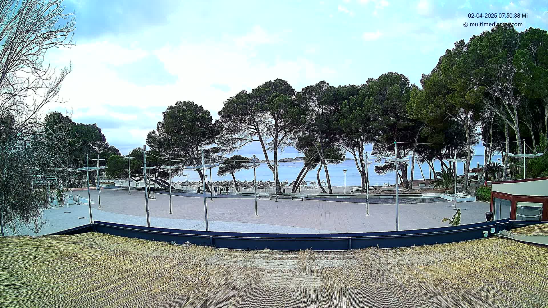 A paved plaza overlooks a calm, blue ocean beach, lined with pine trees under a partly cloudy sky.