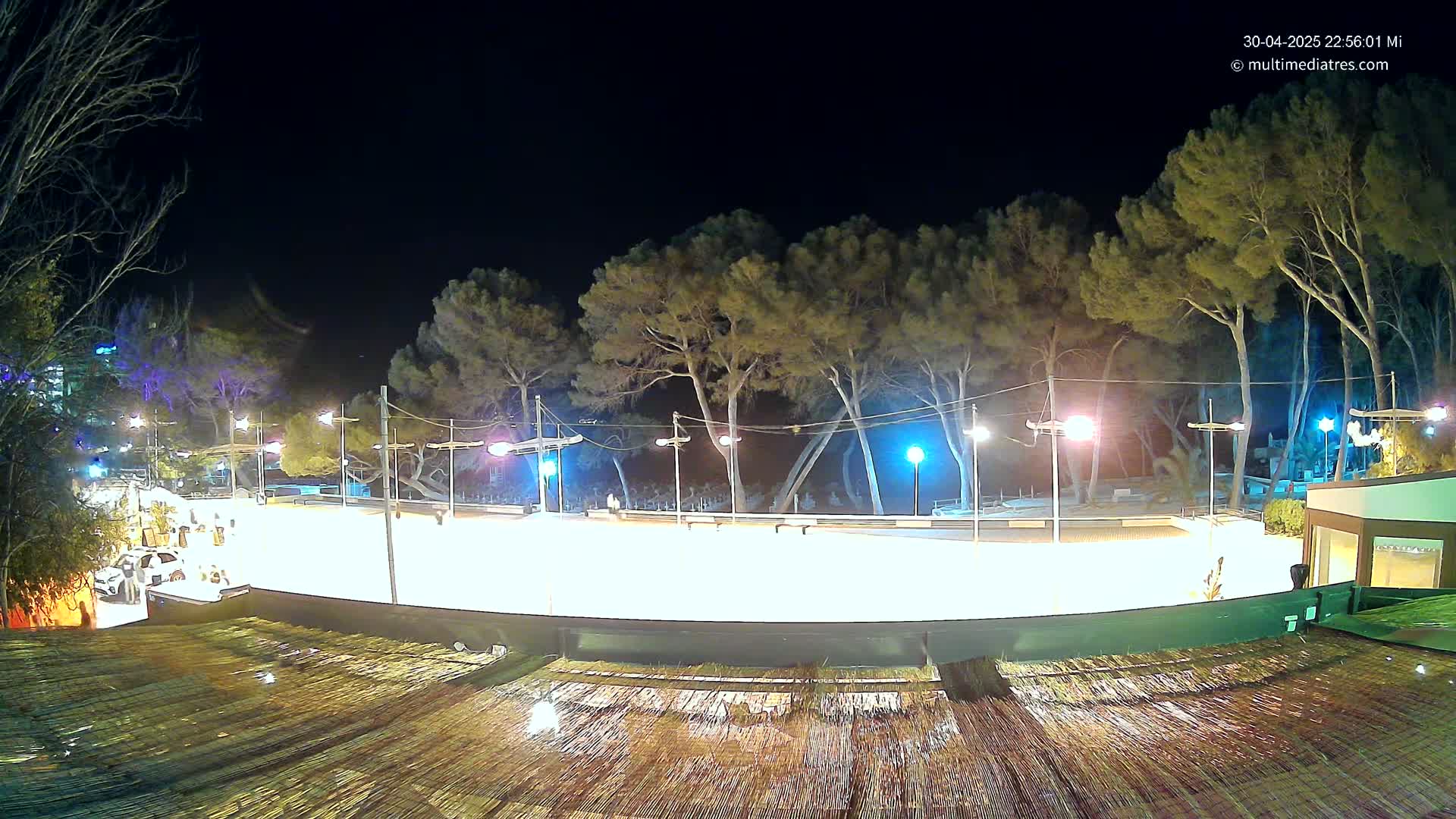 A brightly lit, empty ice rink at night, surrounded by trees and streetlights, under a clear, dark sky.