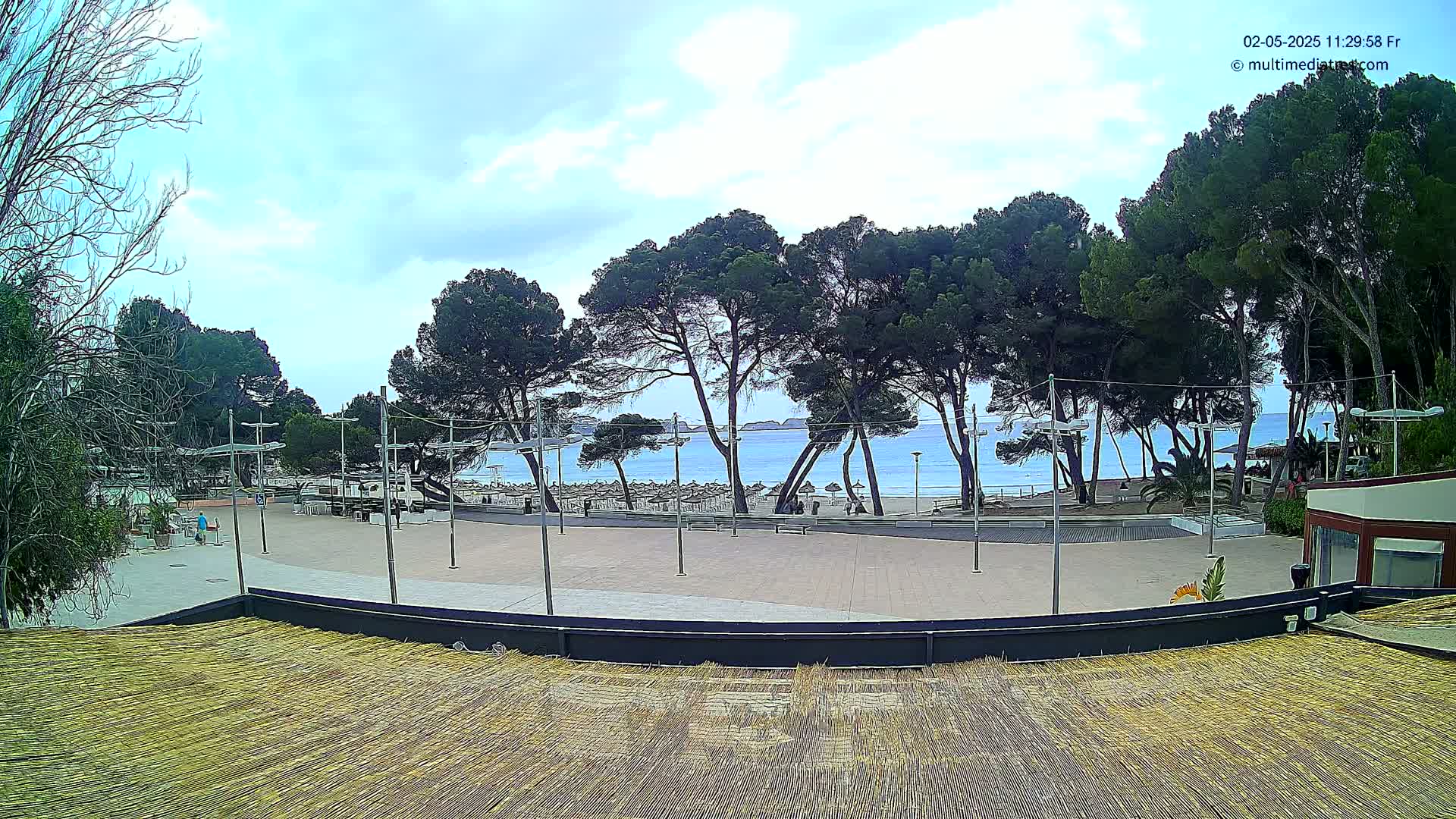 A paved plaza overlooks a beach with calm blue water and numerous umbrella-covered beach chairs under a partly cloudy sky, surrounded by tall pine trees.
