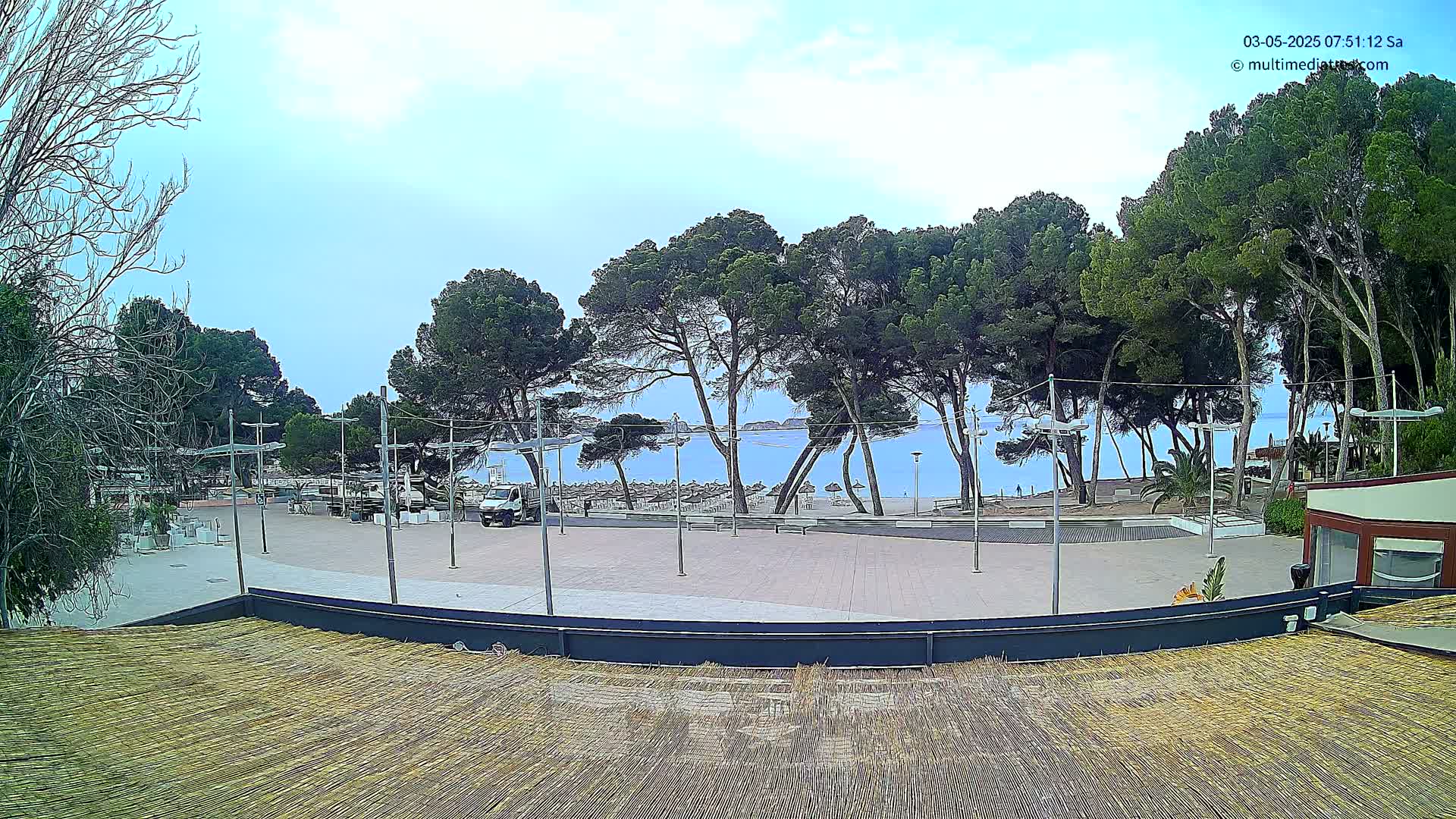 A paved plaza overlooks a calm blue ocean, lined with tall pine trees under a mostly cloudy sky.
