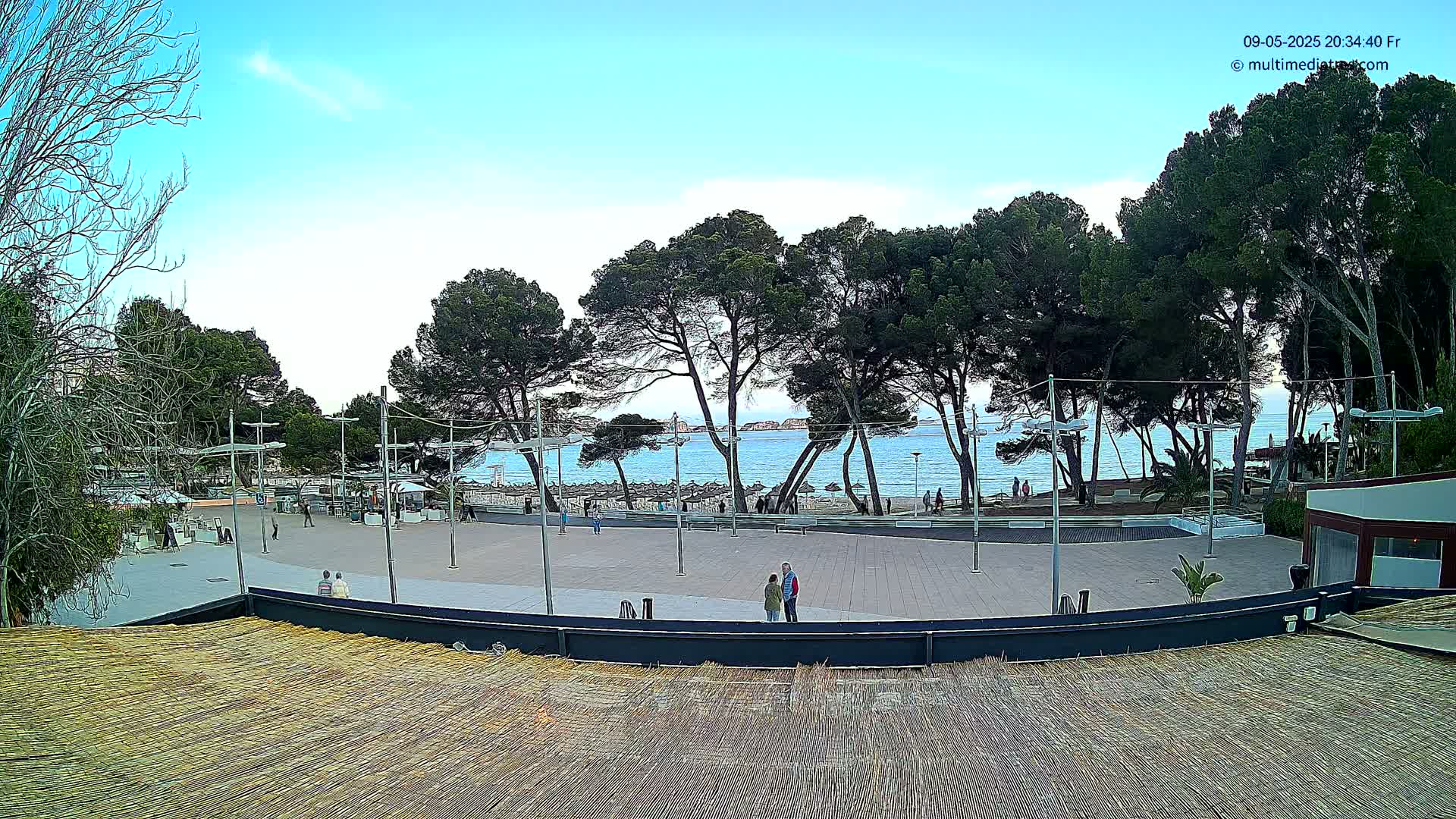 A paved plaza overlooks a calm ocean, lined with trees and sparsely populated with people under a mostly clear sky.