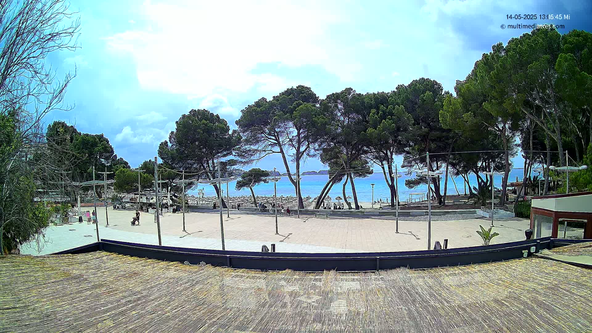 A paved plaza overlooks a sandy beach and calm blue ocean, under a partly cloudy sky, with tall pine trees lining the beachfront.