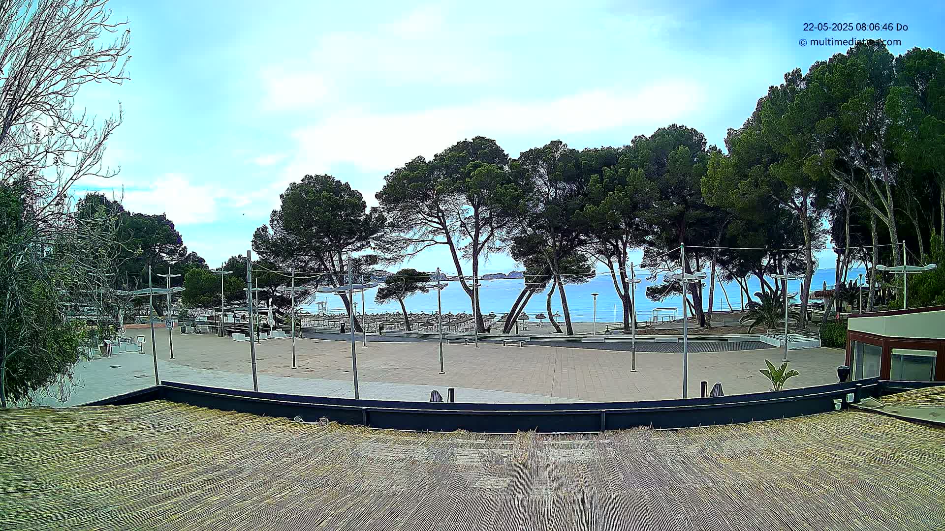 A paved plaza overlooks a calm, blue ocean beach under a partly cloudy sky, framed by tall, dark green pine trees.
