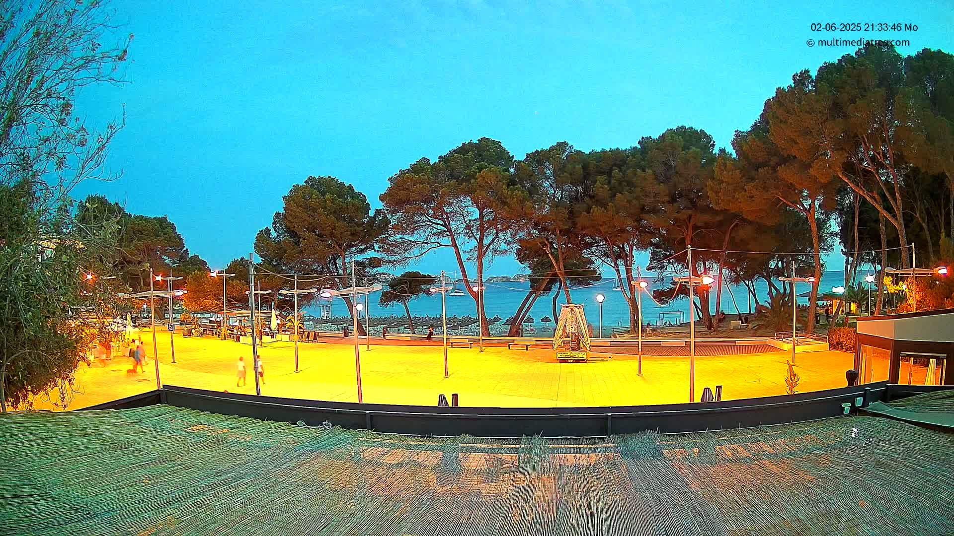 An illuminated plaza overlooks a calm, twilight sea, bordered by pine trees under a clear, blue-tinged sky.