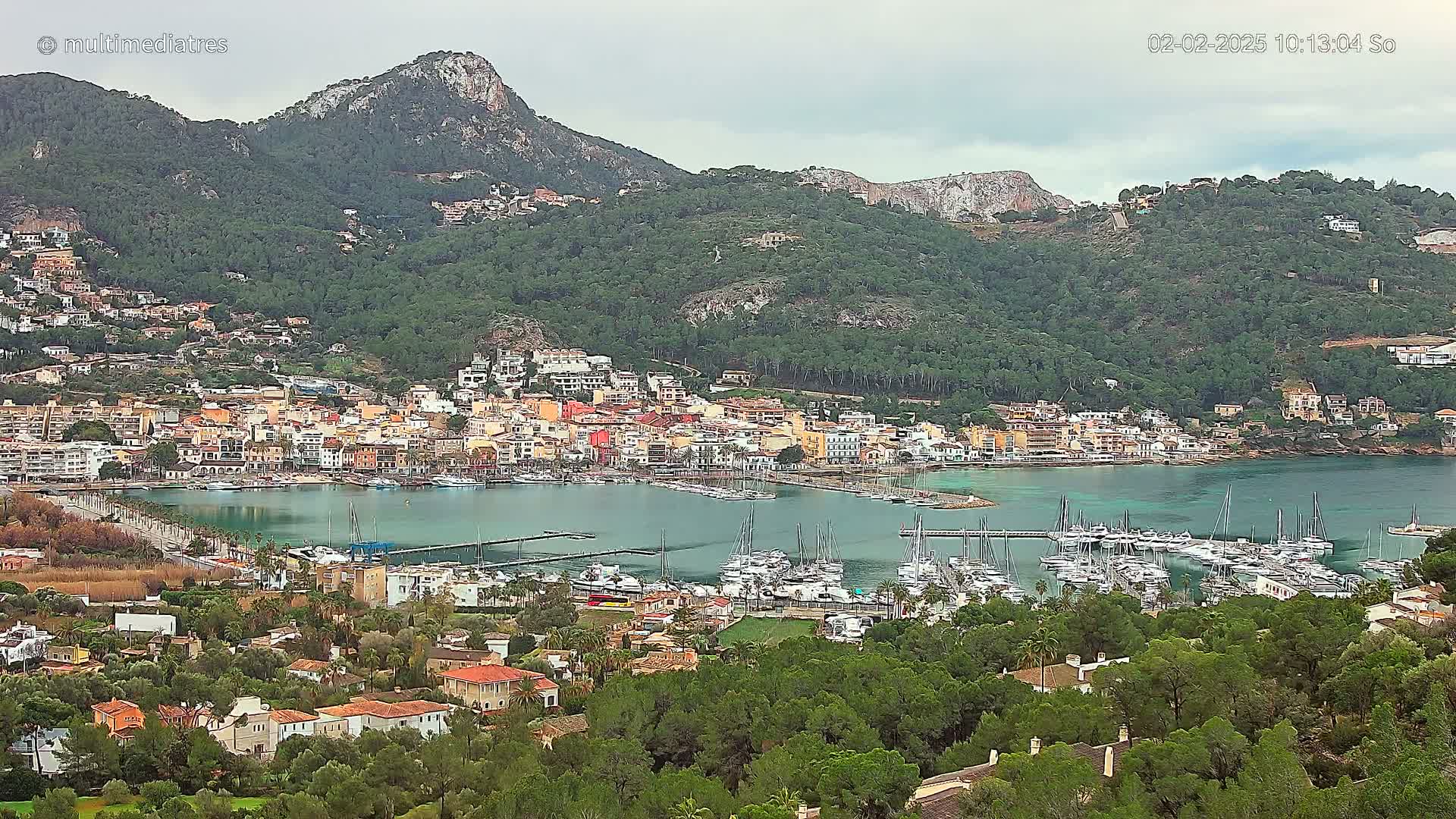 A coastal town nestled at the base of a verdant mountain range, under an overcast sky, features a bustling marina filled with numerous boats.