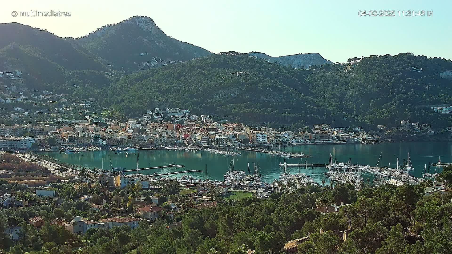 A coastal town nestled between verdant hills and a calm, teal harbor filled with numerous boats, under a clear, bright sky.